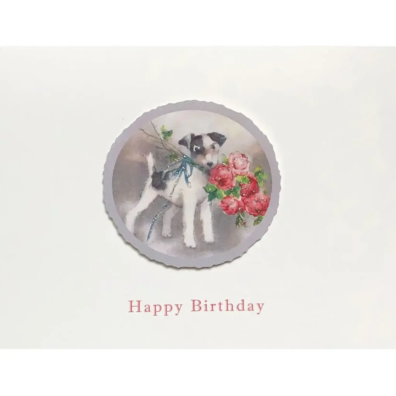 Dog with Bouquet Birthday Card