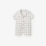 Elegant Baby Plaid Organic Cotton Muslin Shortall  3-6M - Blue