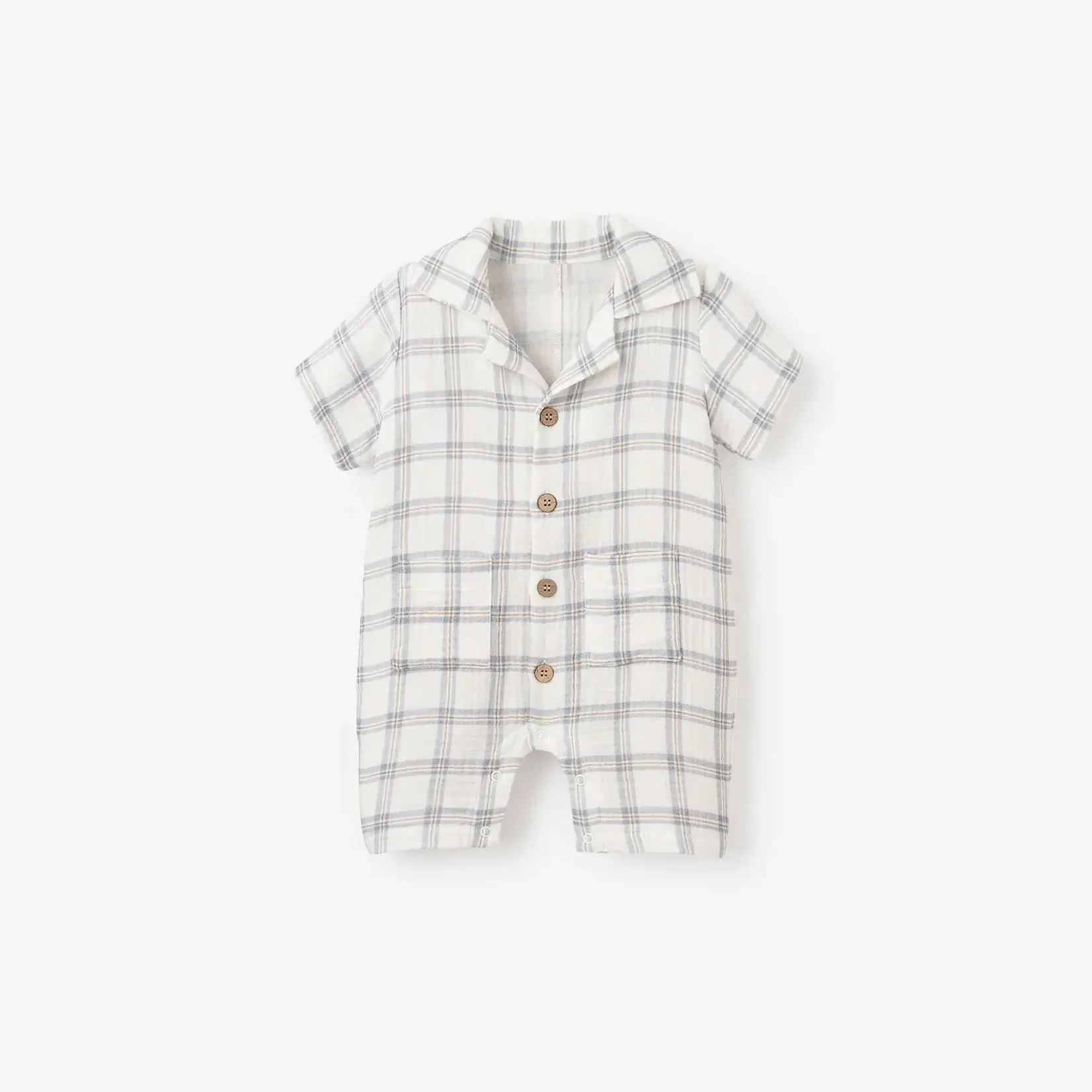 Elegant Baby Plaid Organic Cotton Muslin Shortall 9-12M - Blue