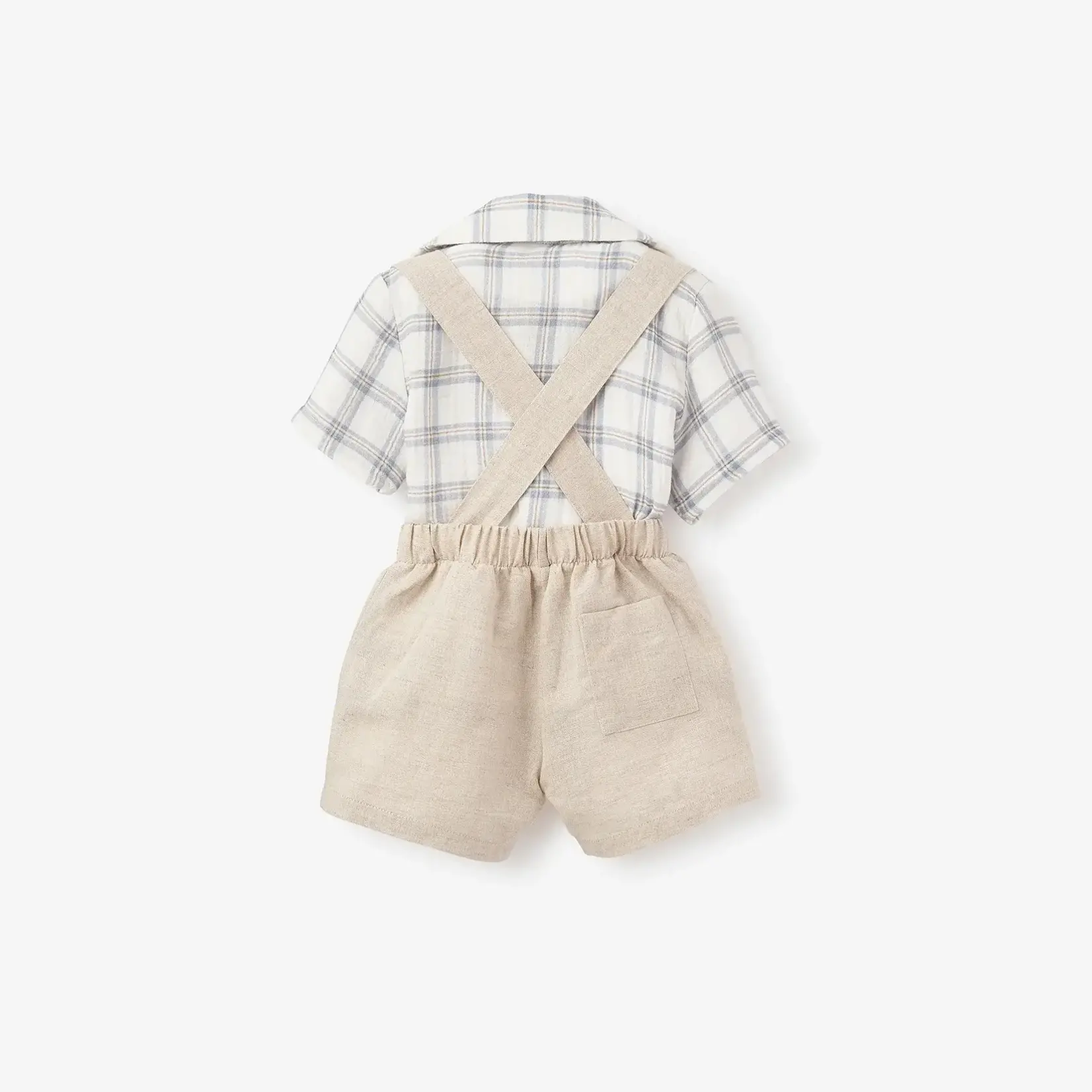Elegant Baby Plaid Organic Cotton Muslin Shirt & Linen Suspender Shorts 6-9 M