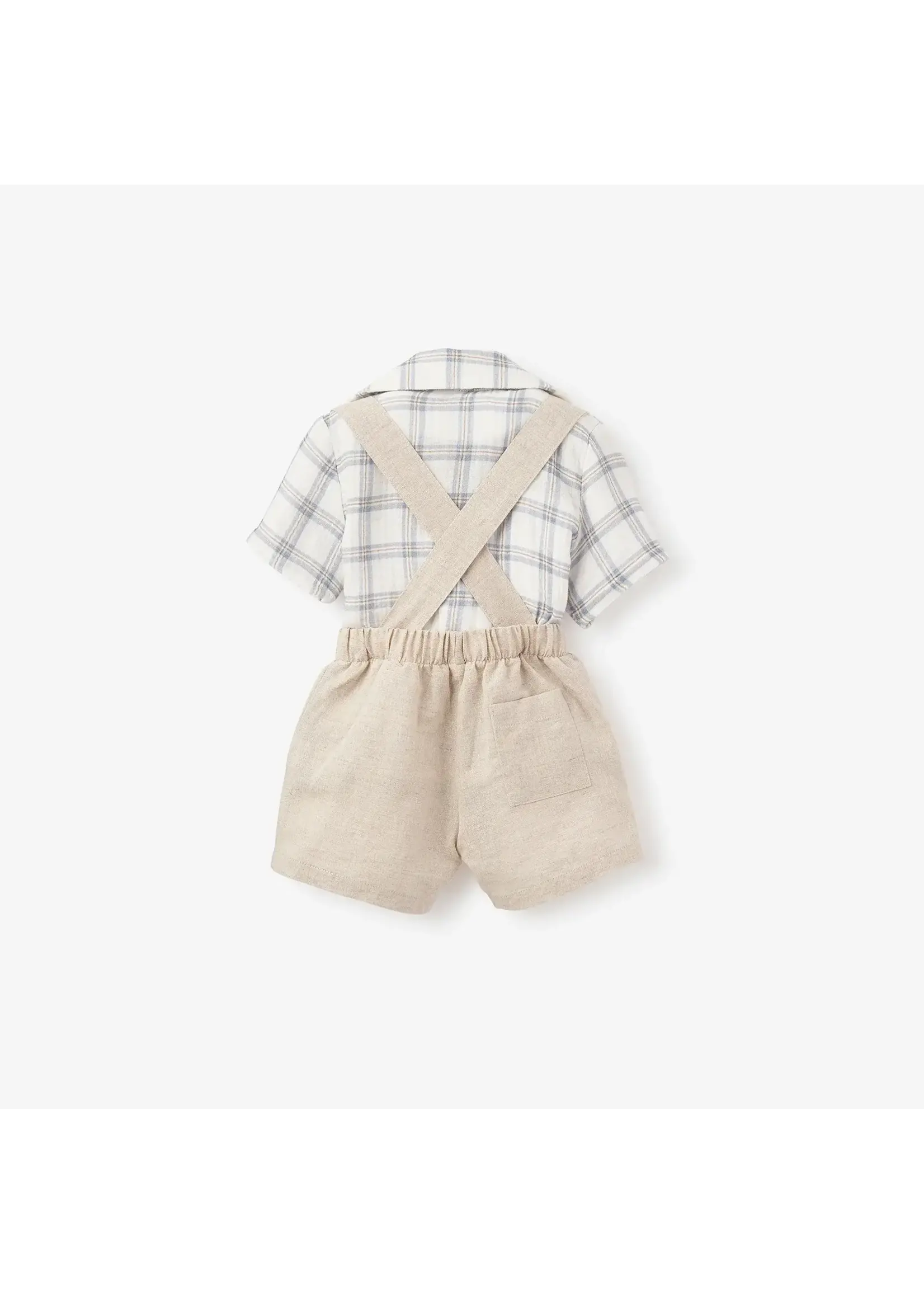 Elegant Baby Plaid Organic Cotton Muslin Shirt & Linen Suspender Shorts 6-9 M