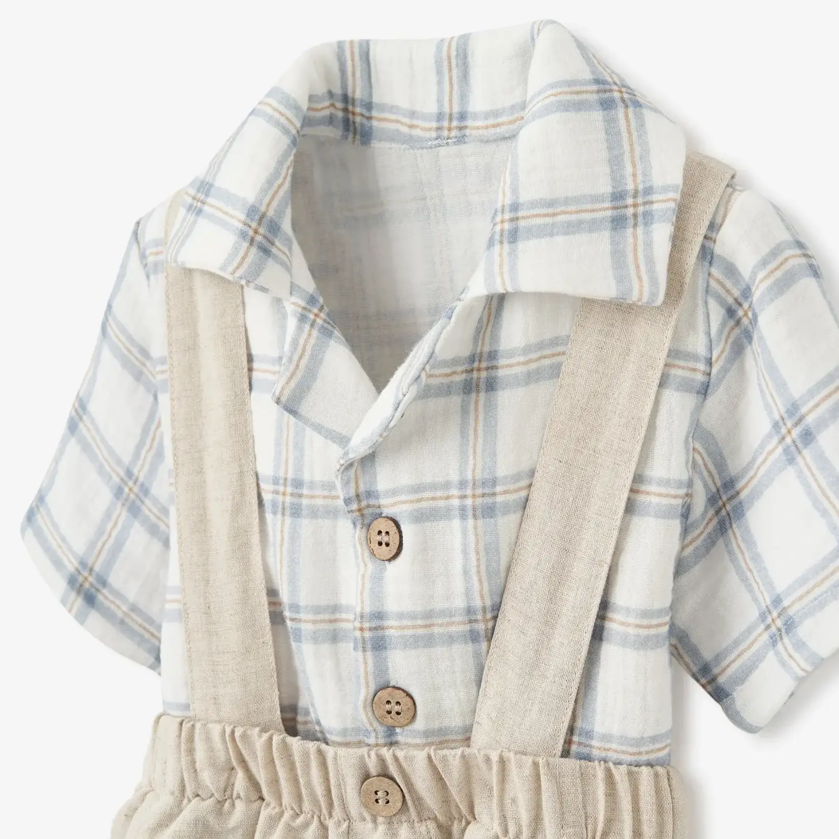 Elegant Baby Plaid Organic Cotton Muslin Shirt & Linen Suspender Shorts 6-9 M