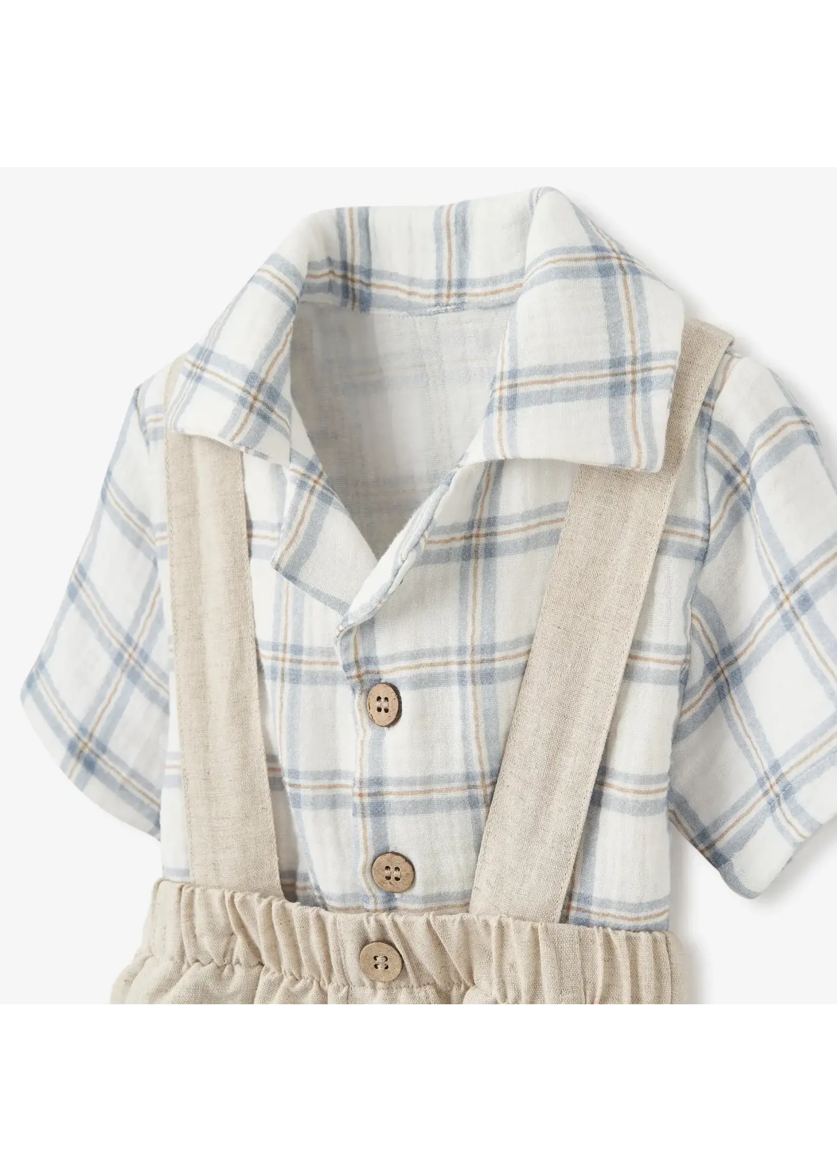 Elegant Baby Plaid Organic Cotton Muslin Shirt & Linen Suspender Shorts 6-9 M