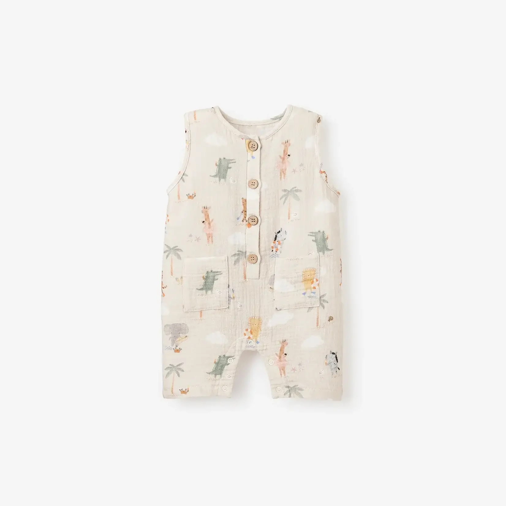 Elegant Baby Seaside Safari Organic Muslin Sleeveless Shortall 9-12 M - Rainy Day