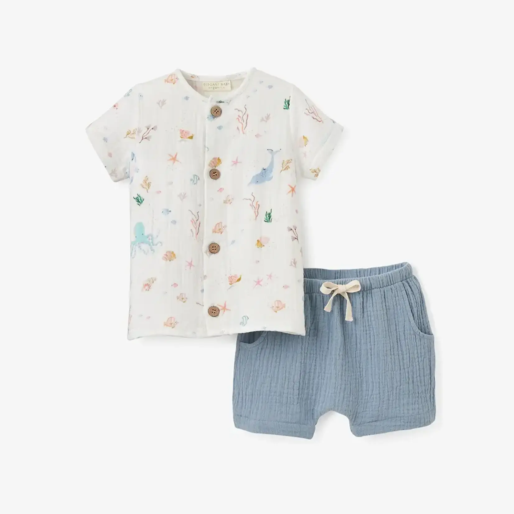 Elegant Baby Ocean Adventure  Organic Muslin Tee & Short Set 3-6M - Blue