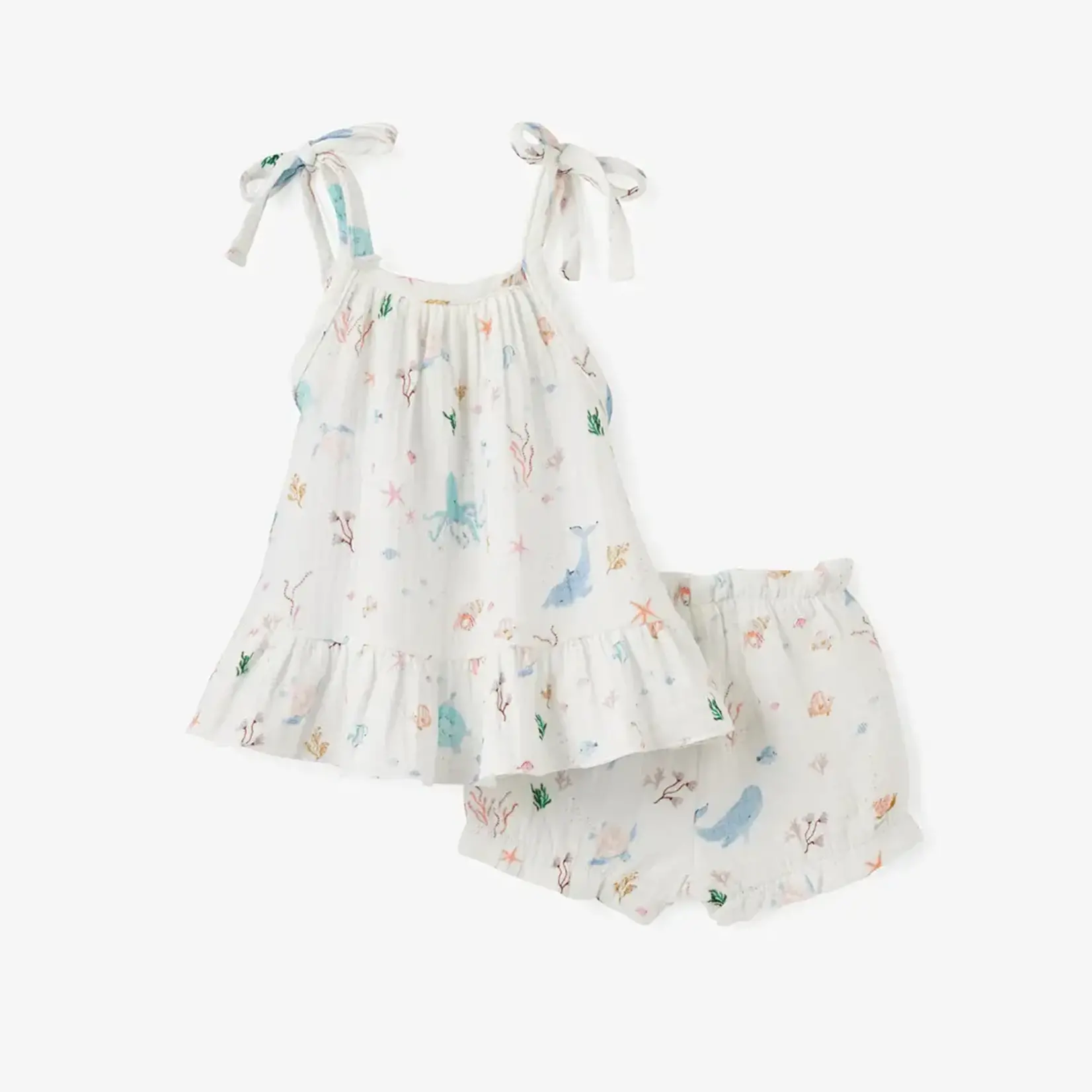 Elegant Baby Ocean Adventure Organic Muslin Tie Top Set 6-9M - White