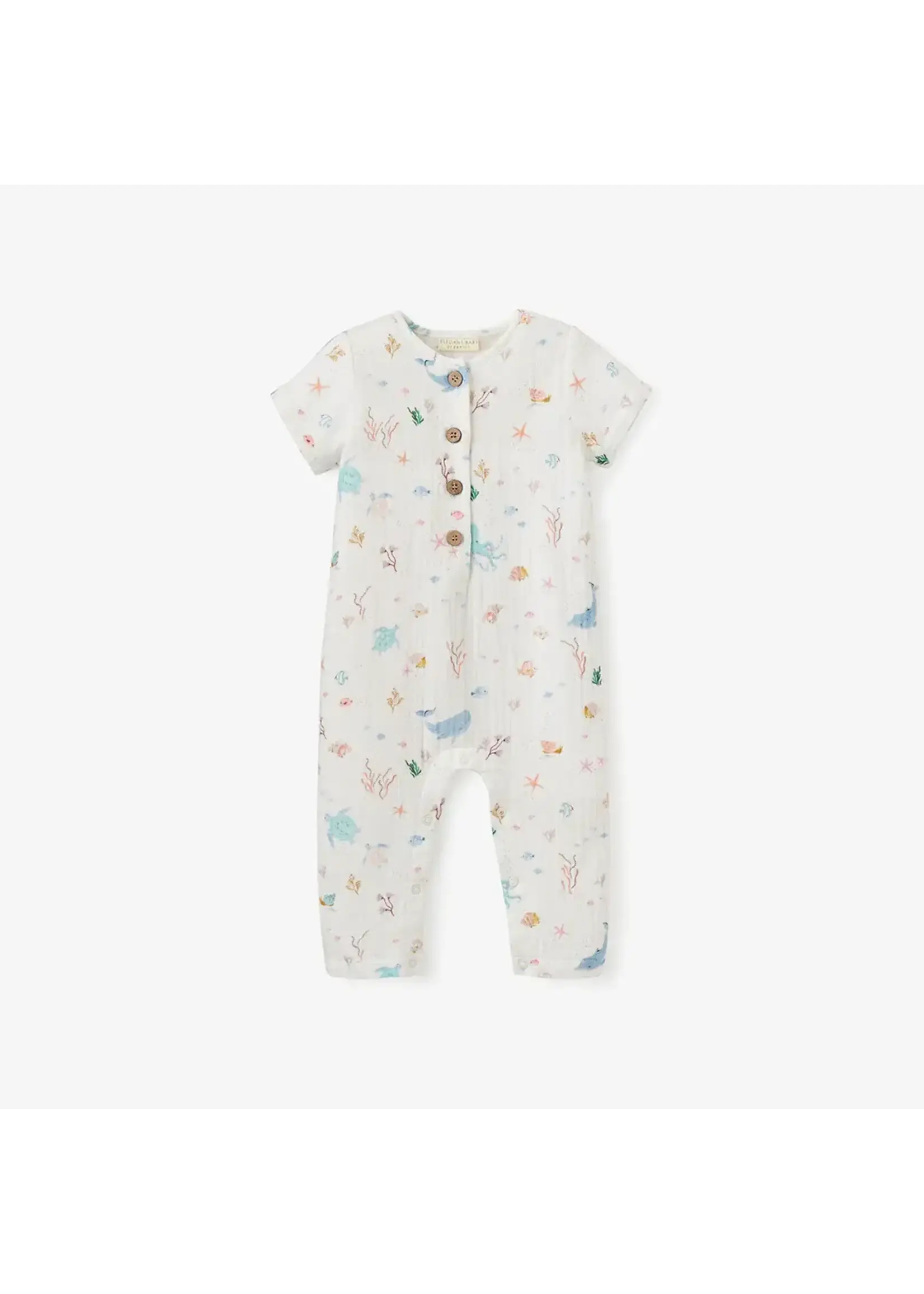 Elegant Baby Ocean Adventure Organic Short Sleeve Jumpsuit 9-12M - White