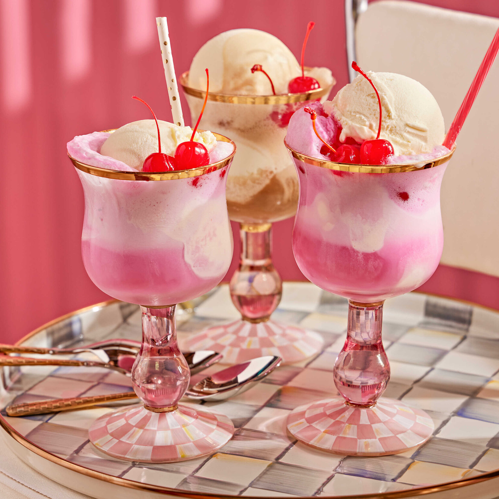 MacKenzie-Childs rosy check wine glass