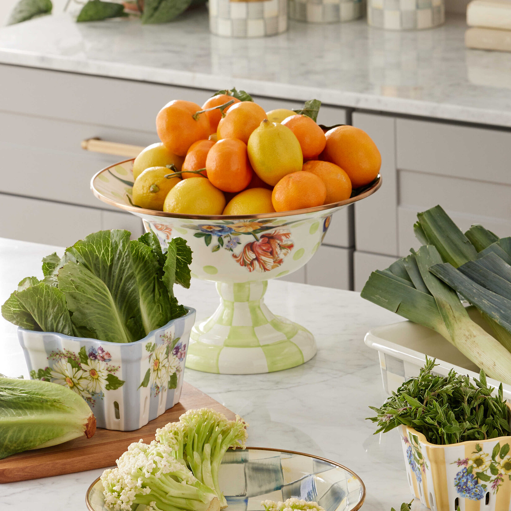 MacKenzie-Childs wildflowers enamel large compote - green