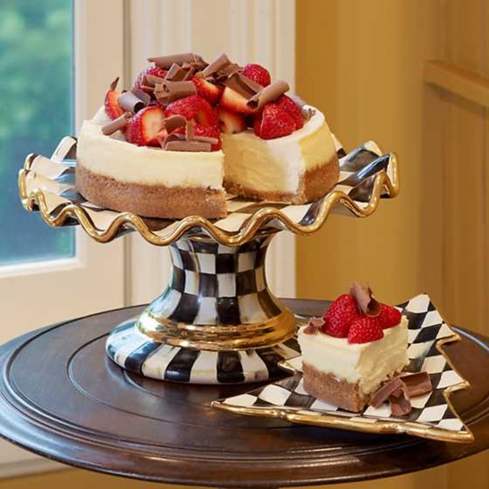 MacKenzie-Childs courtly check ceramic fluted cake stand