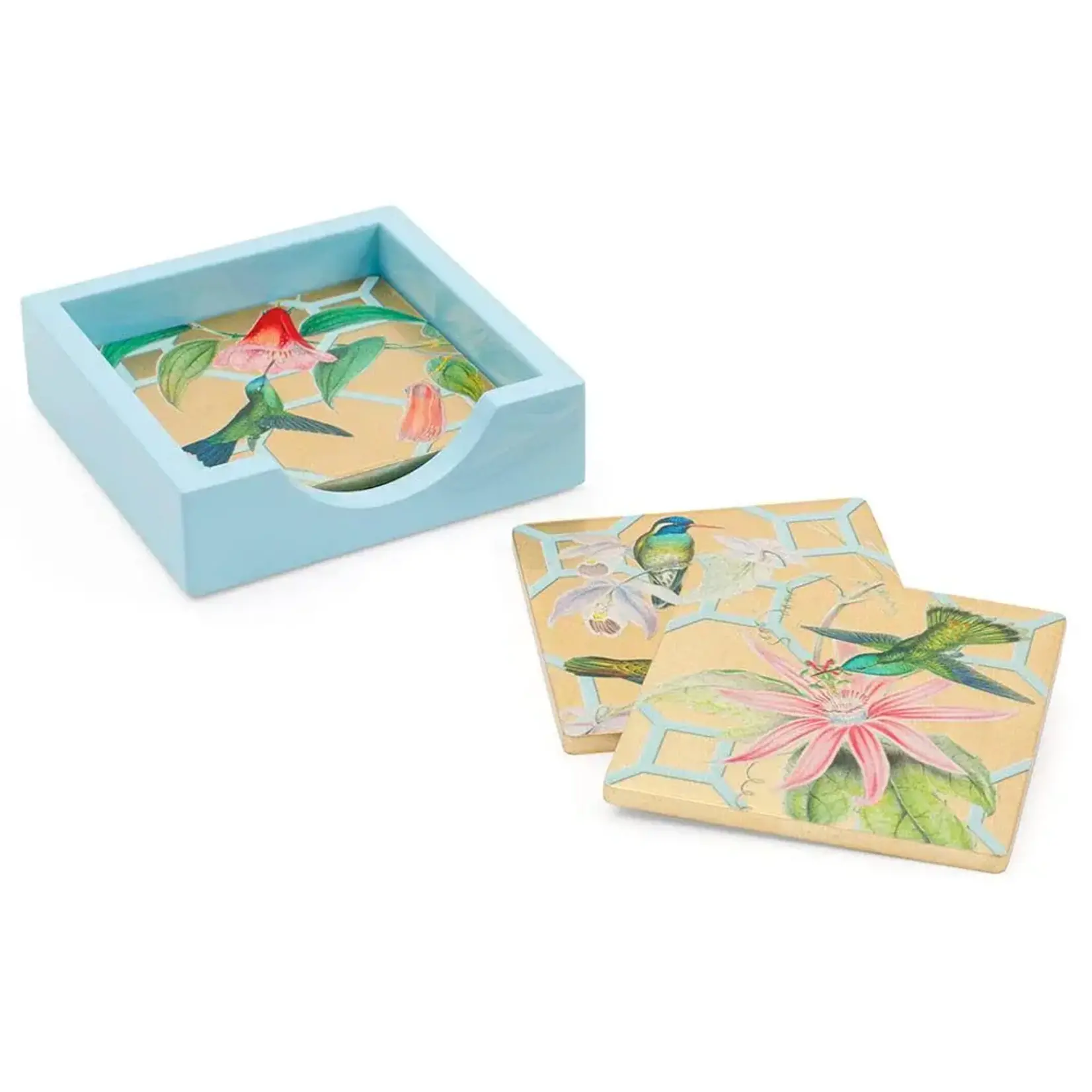 Caspari Hummingbird Trellis Gold Lacquer Coasters Set of 4