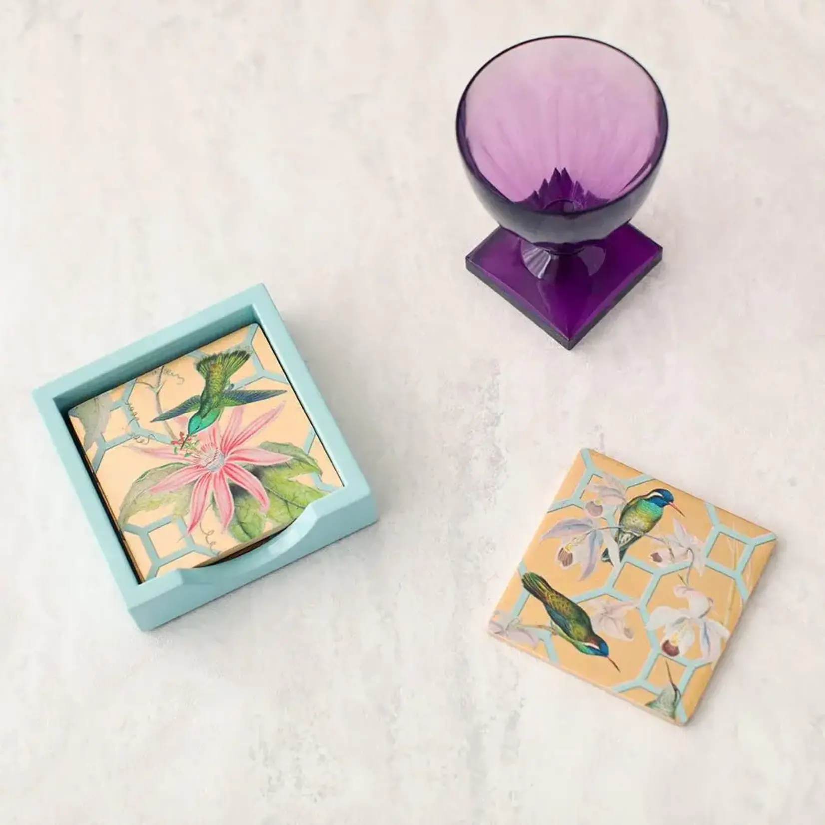 Caspari Hummingbird Trellis Gold Lacquer Coasters Set of 4