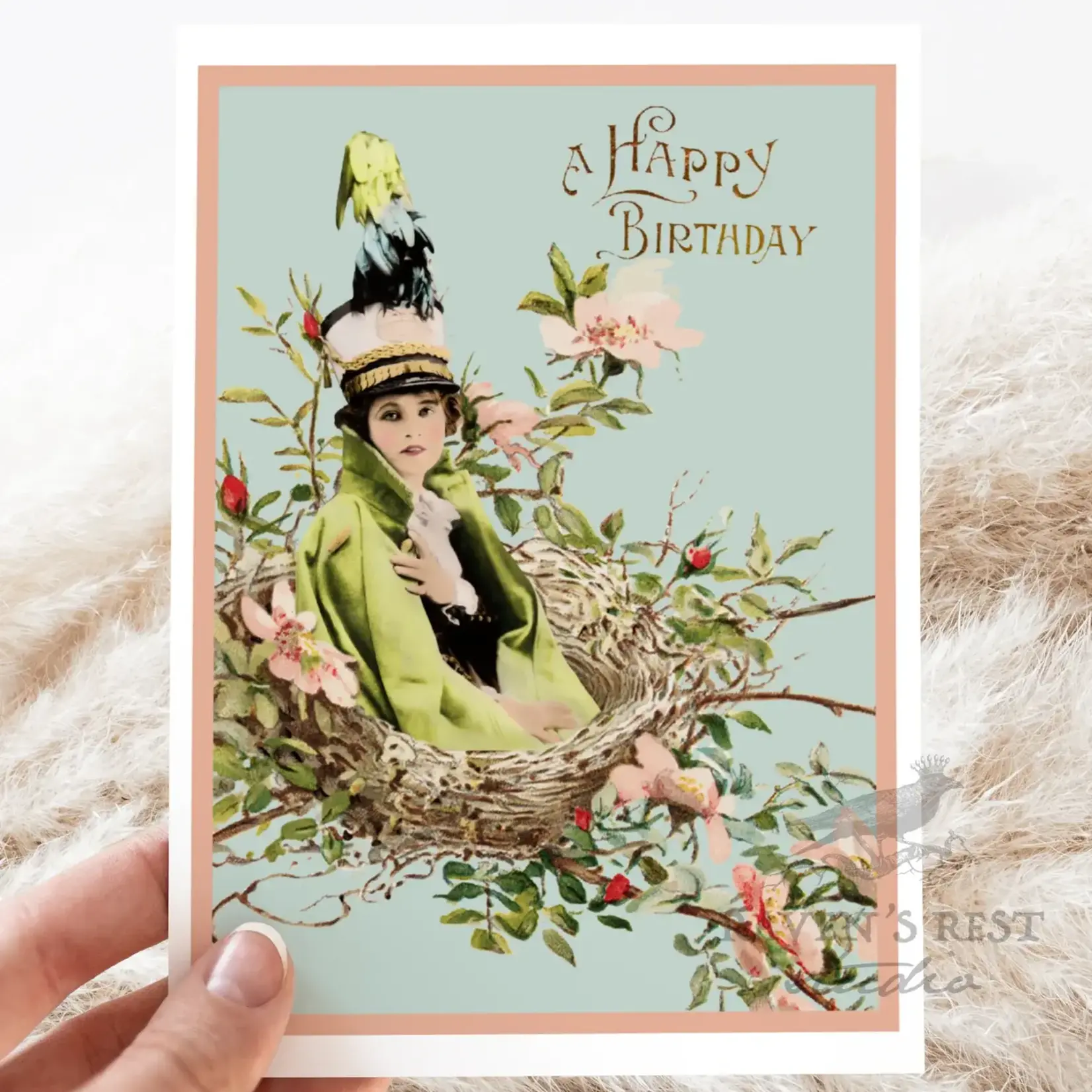 Raven's Rest Studio Girl In Nest Happy Birthday Card