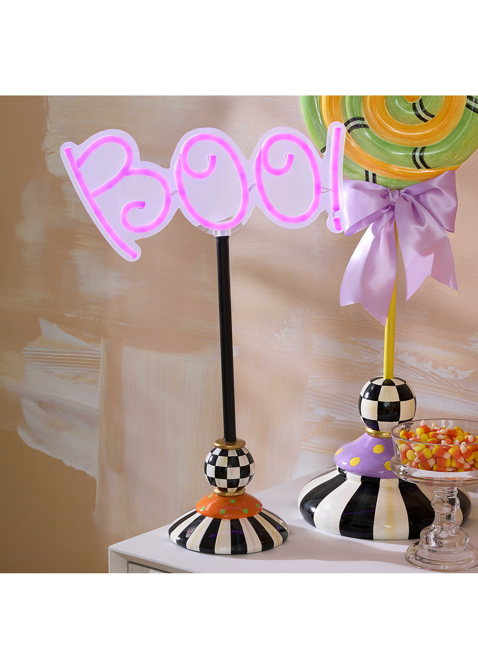 MacKenzie-Childs pedestal illuminated neon boo sign