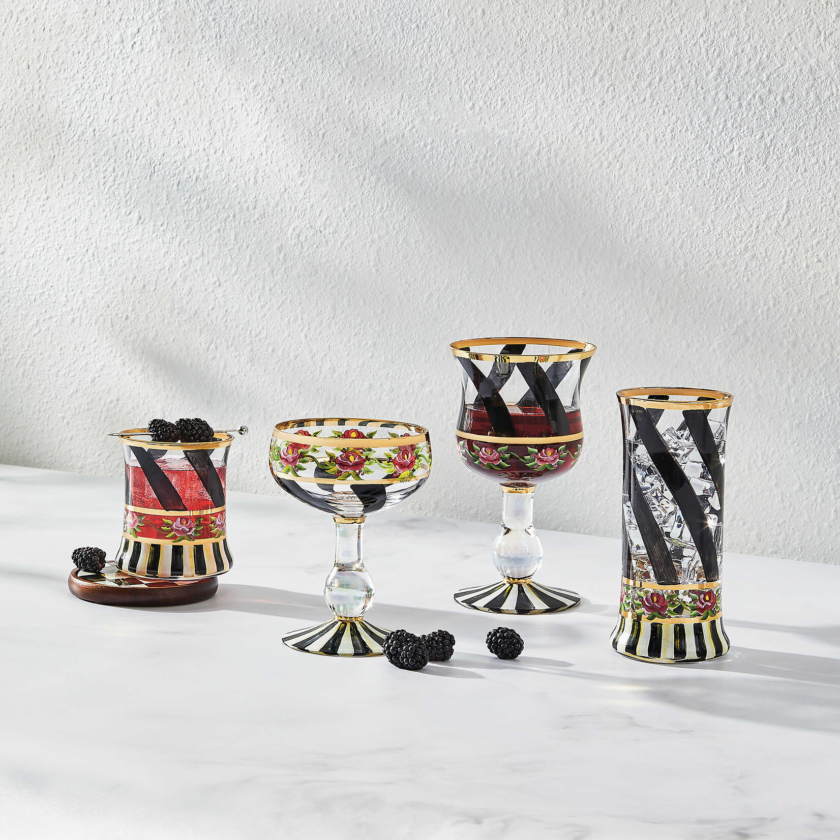 MacKenzie-Childs maypole black highball glass, set of 2