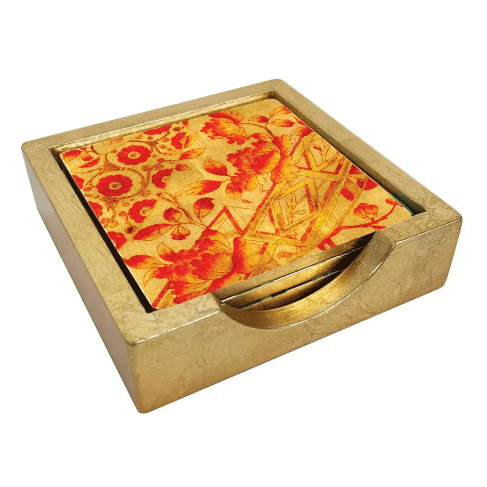 Caspari Gilded Porcelain Coral & Gold Lacquer Coasters (Set of 4)