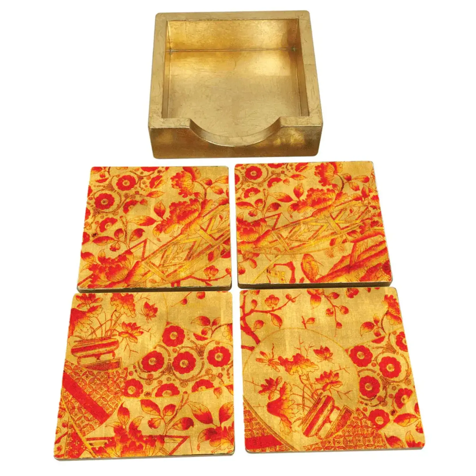 Caspari Gilded Porcelain Coral & Gold Lacquer Coasters (Set of 4)