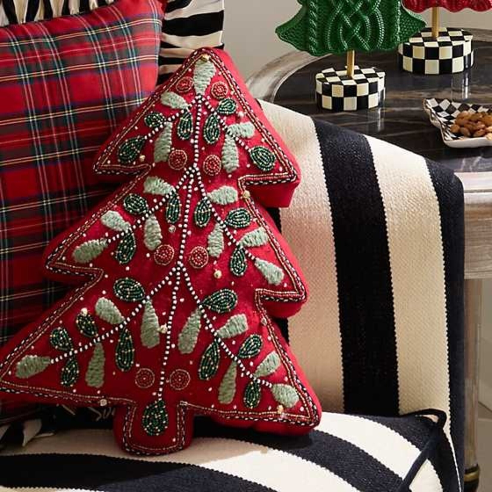 MacKenzie-Childs Holiday Red Tree Shaped Embroidered Throw Pillow
