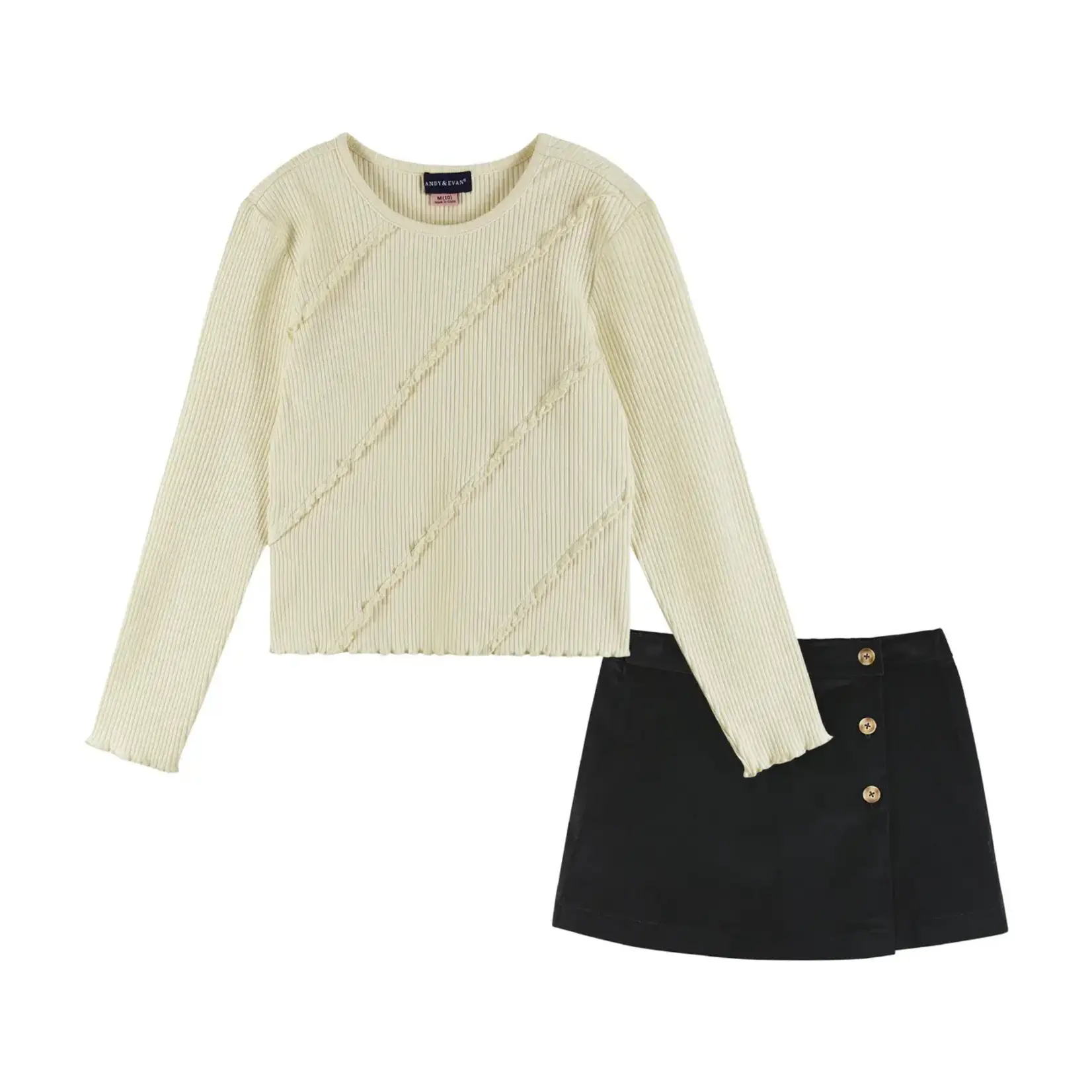 Andy & Evan Rib Knit Long Sleeve Top & Corduroy Skirt Set - Cream/Black