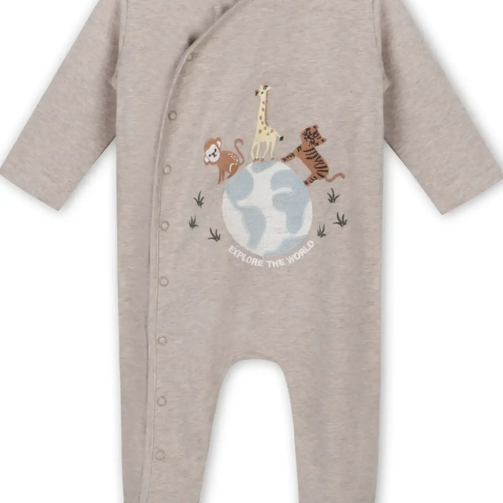 Viverano Organics Animal Embroidered Baby Footed Kimono Jumpsuit - Oatmeal