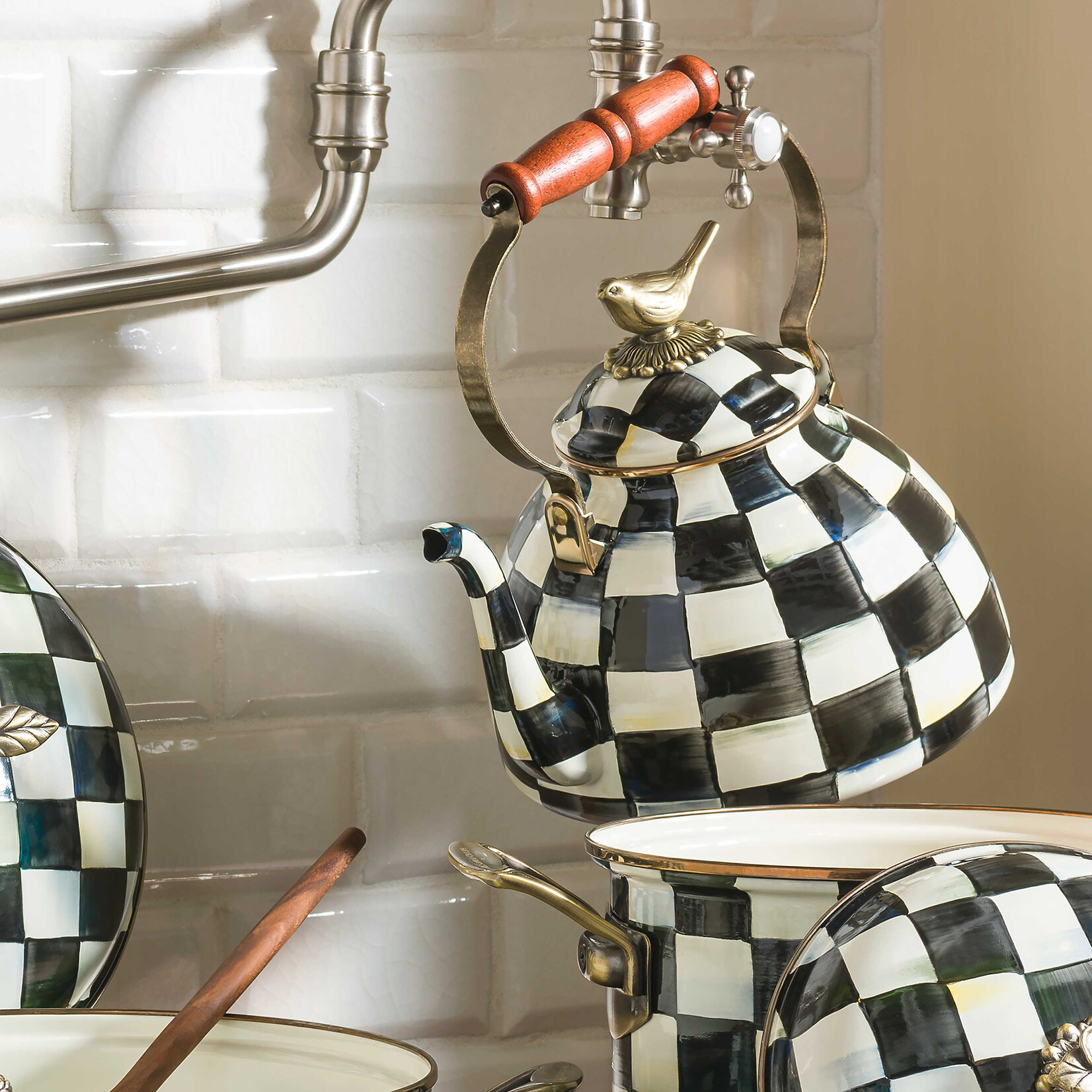 MacKenzie-Childs Courtly Check 3 Quart Tea Kettle with Bird