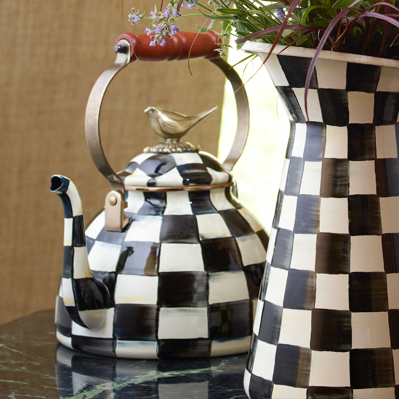MacKenzie-Childs Courtly Check 3 Quart Tea Kettle with Bird