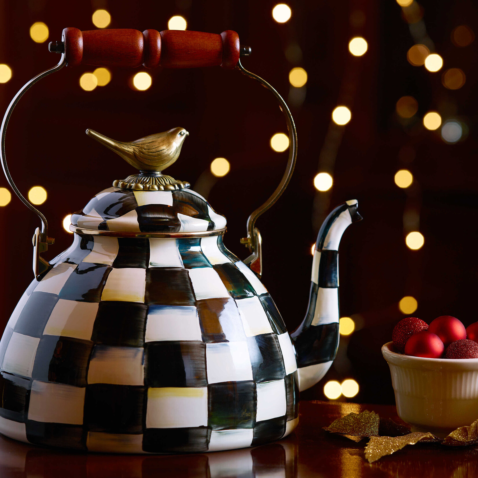 MacKenzie-Childs Courtly Check 3 Quart Tea Kettle with Bird
