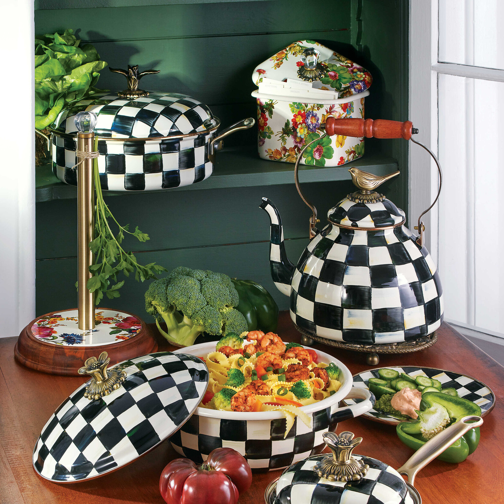 MacKenzie-Childs Courtly Check 3 Quart Tea Kettle with Bird