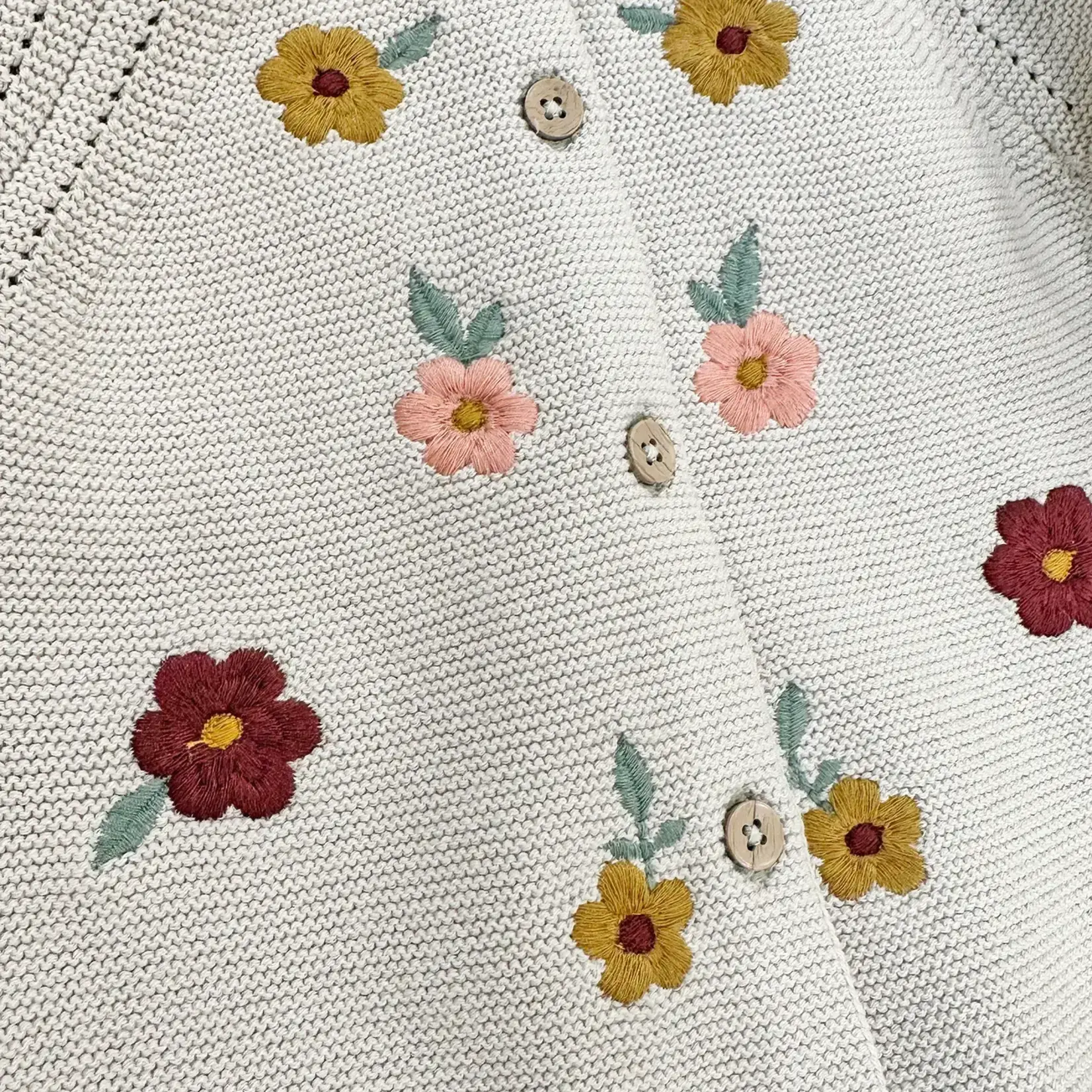 Viverano Organics Floral Embroidered Pearl Cardigan - Stone