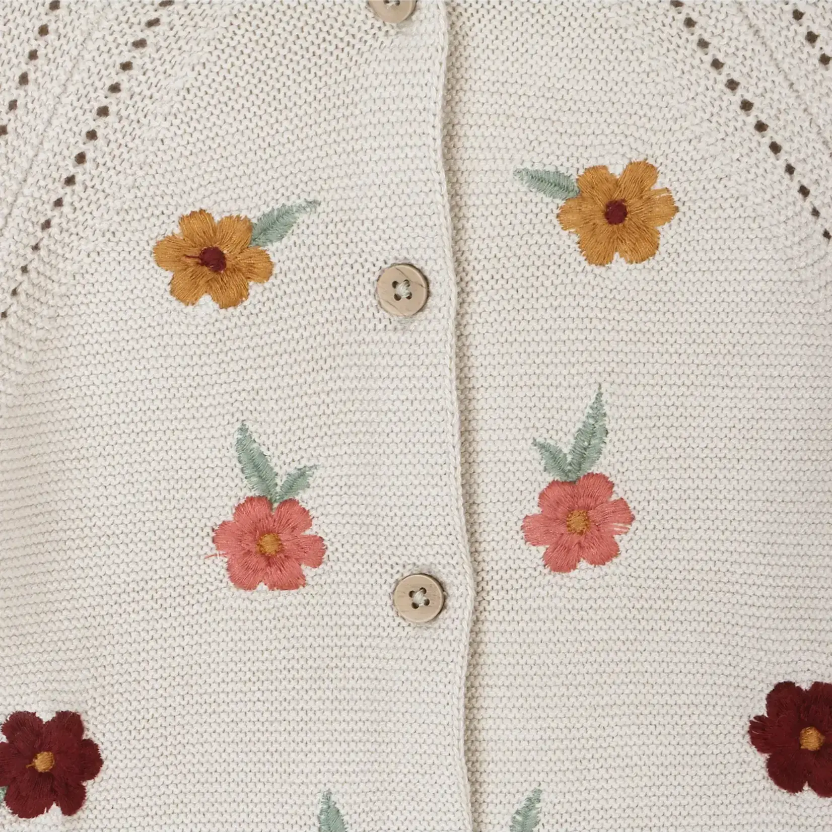 Viverano Organics Floral Embroidered Pearl Cardigan - Stone