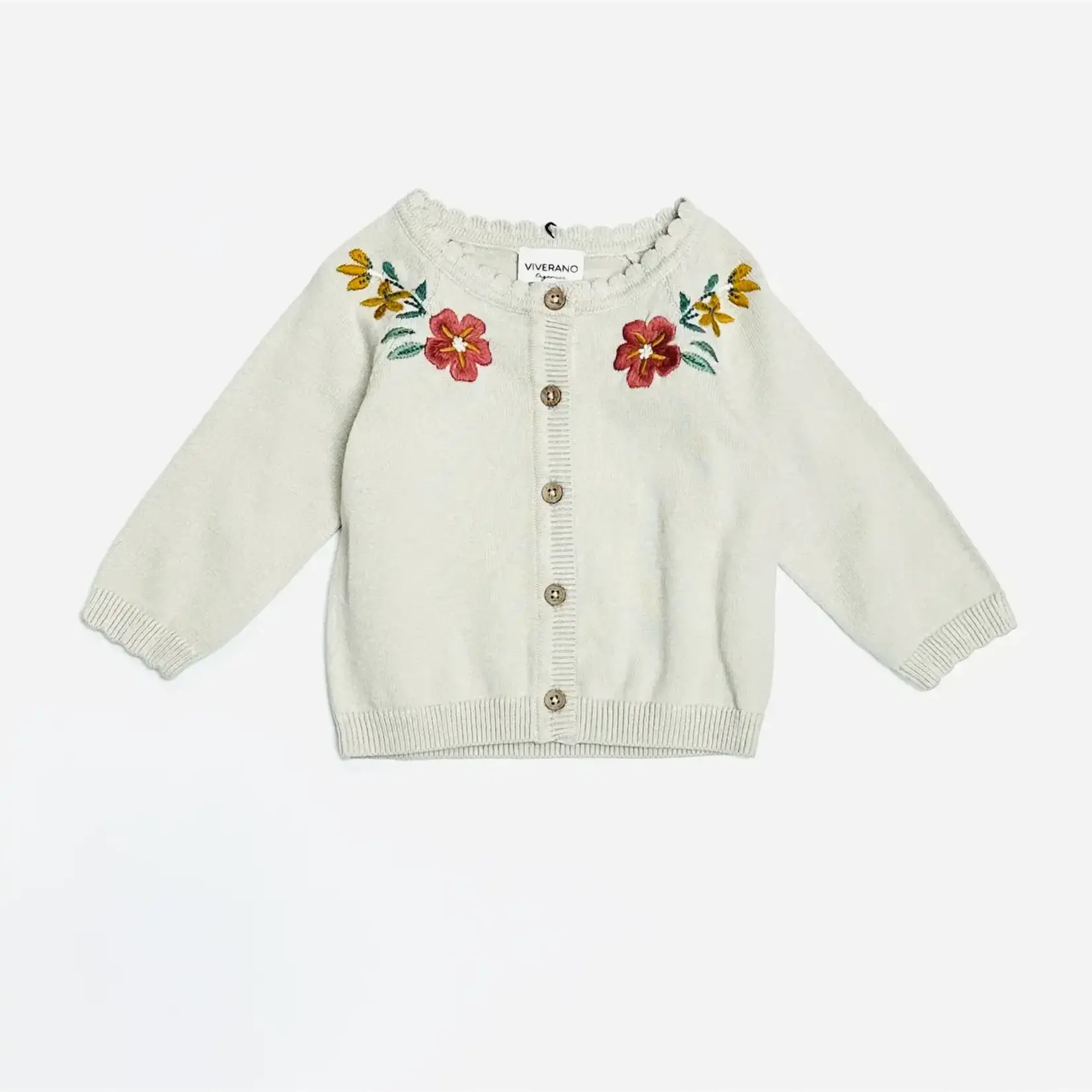 Viverano Organics Floral Embroidered Cardigan Sweater - Stone