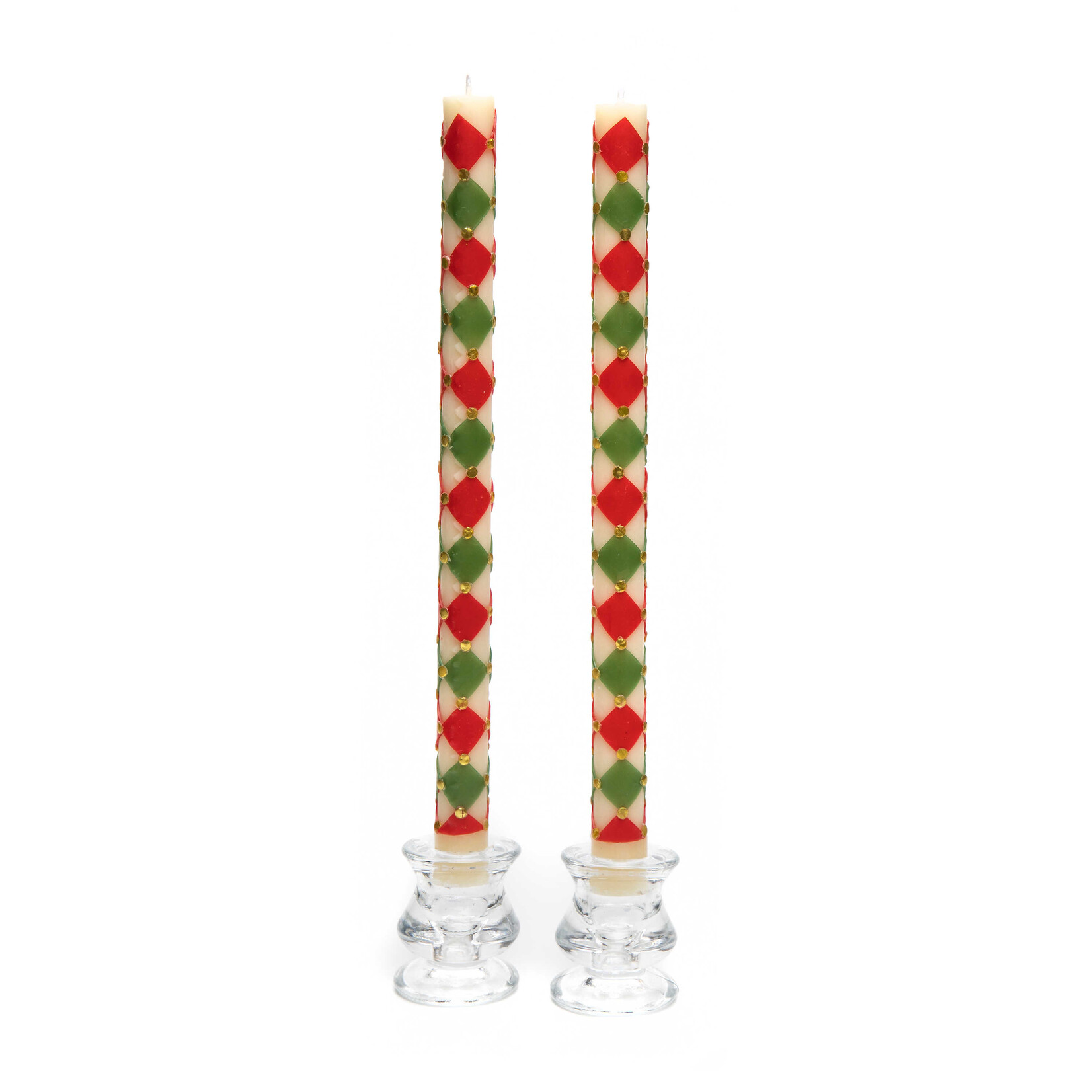 MacKenzie-Childs Harlequin Dot Dinner Candles - Red, Green, & Gold - Set of 2