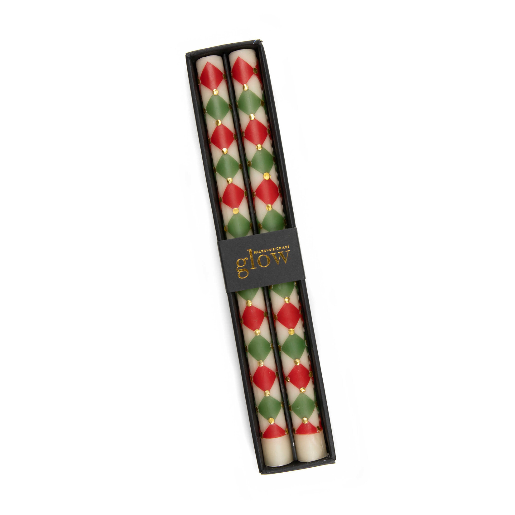 MacKenzie-Childs Harlequin Dot Dinner Candles - Red, Green, & Gold - Set of 2