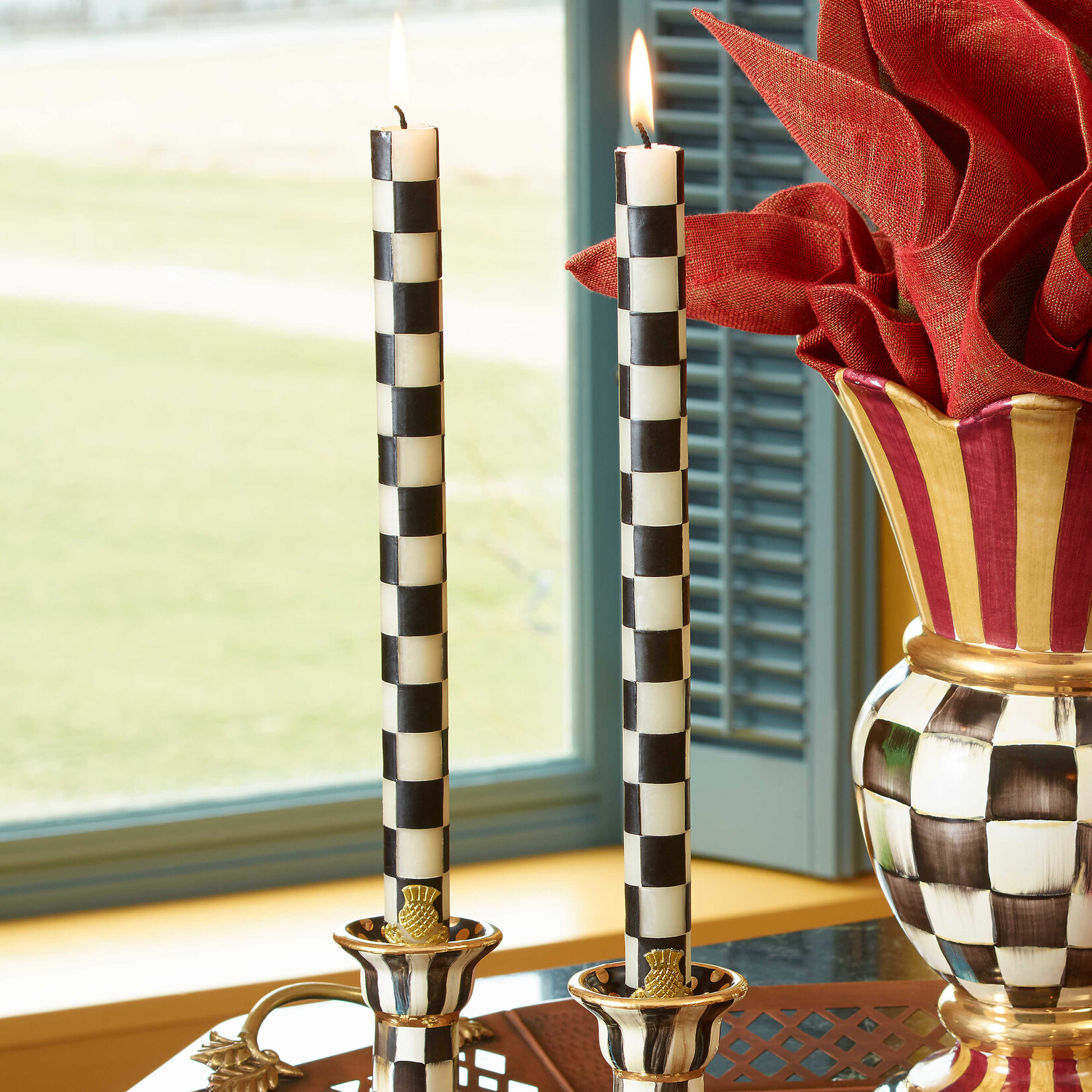 MacKenzie-Childs Check Black & Ivory Dinner Candles, Set of 2