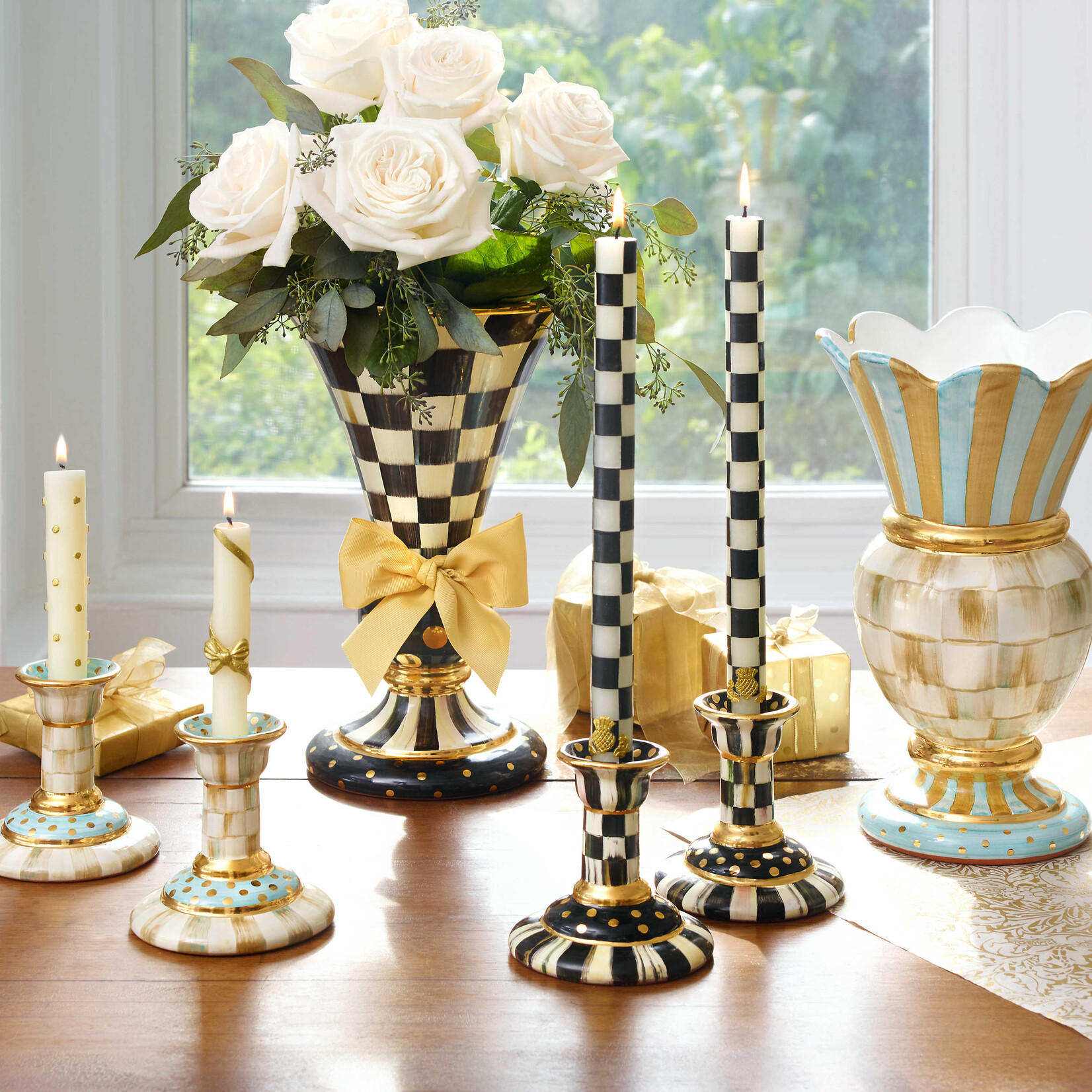 MacKenzie-Childs Check Black & Ivory Dinner Candles, Set of 2