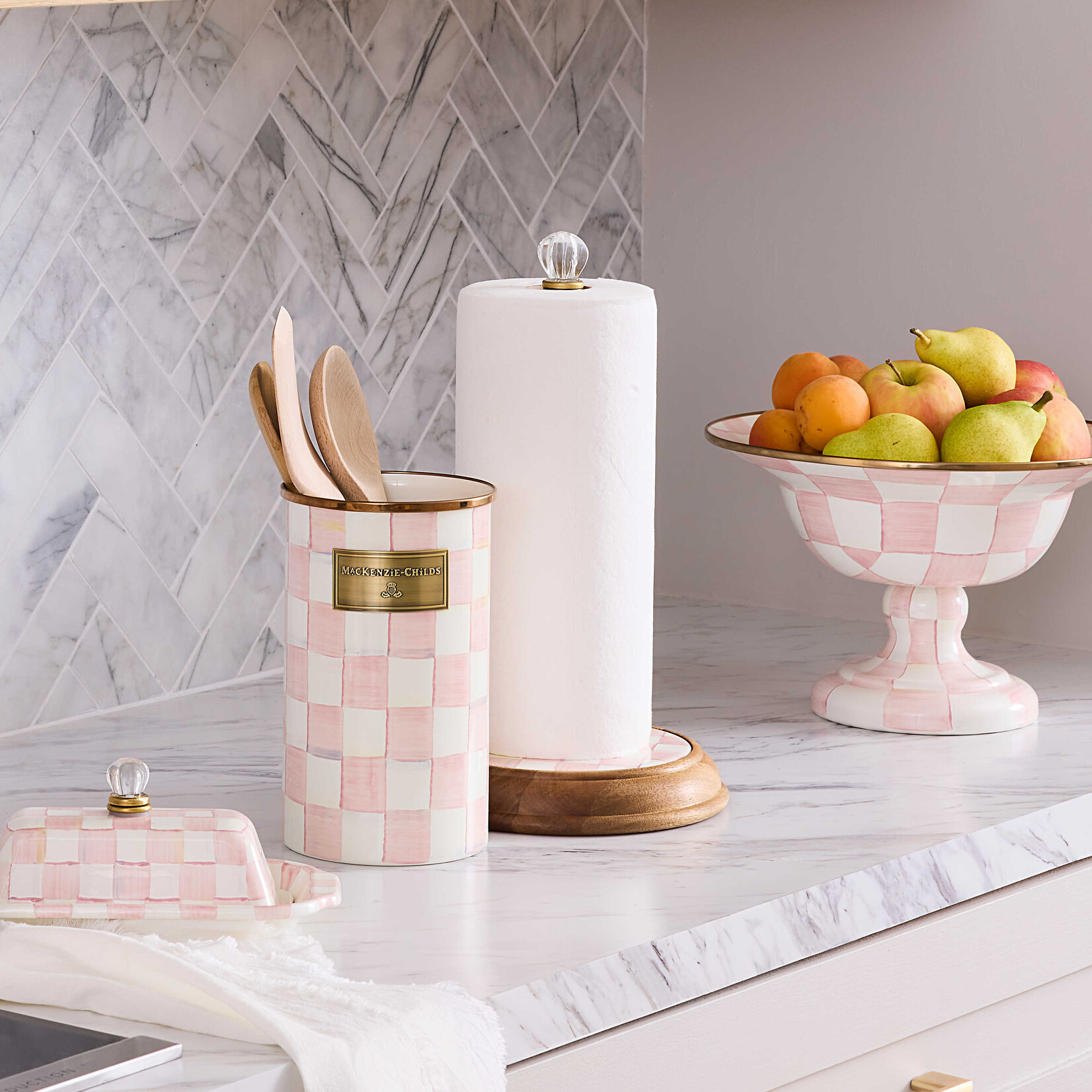 MacKenzie-Childs rosy check wood paper towel holder