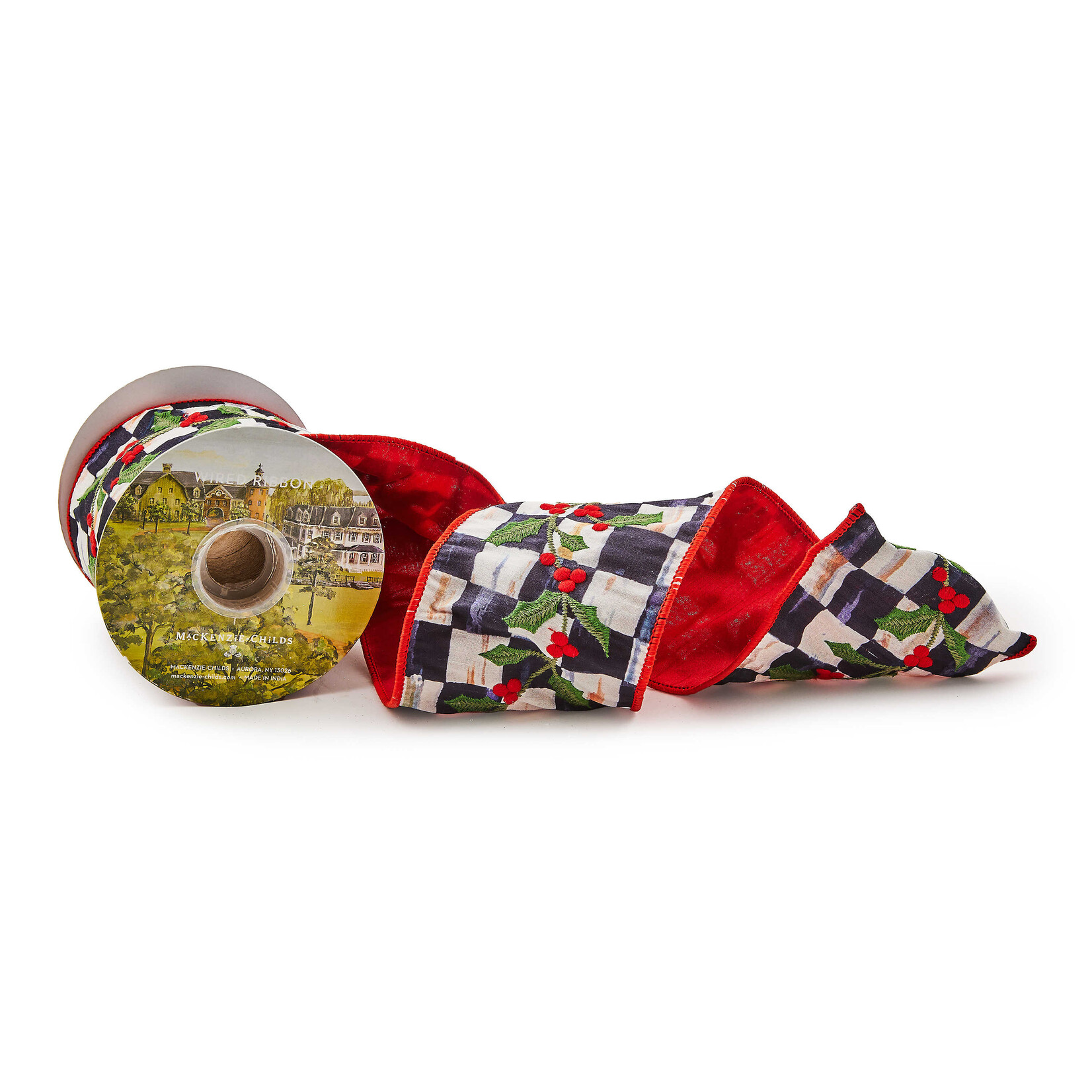 MacKenzie-Childs Cozy Christmas Holly Embroidered 4" Ribbon