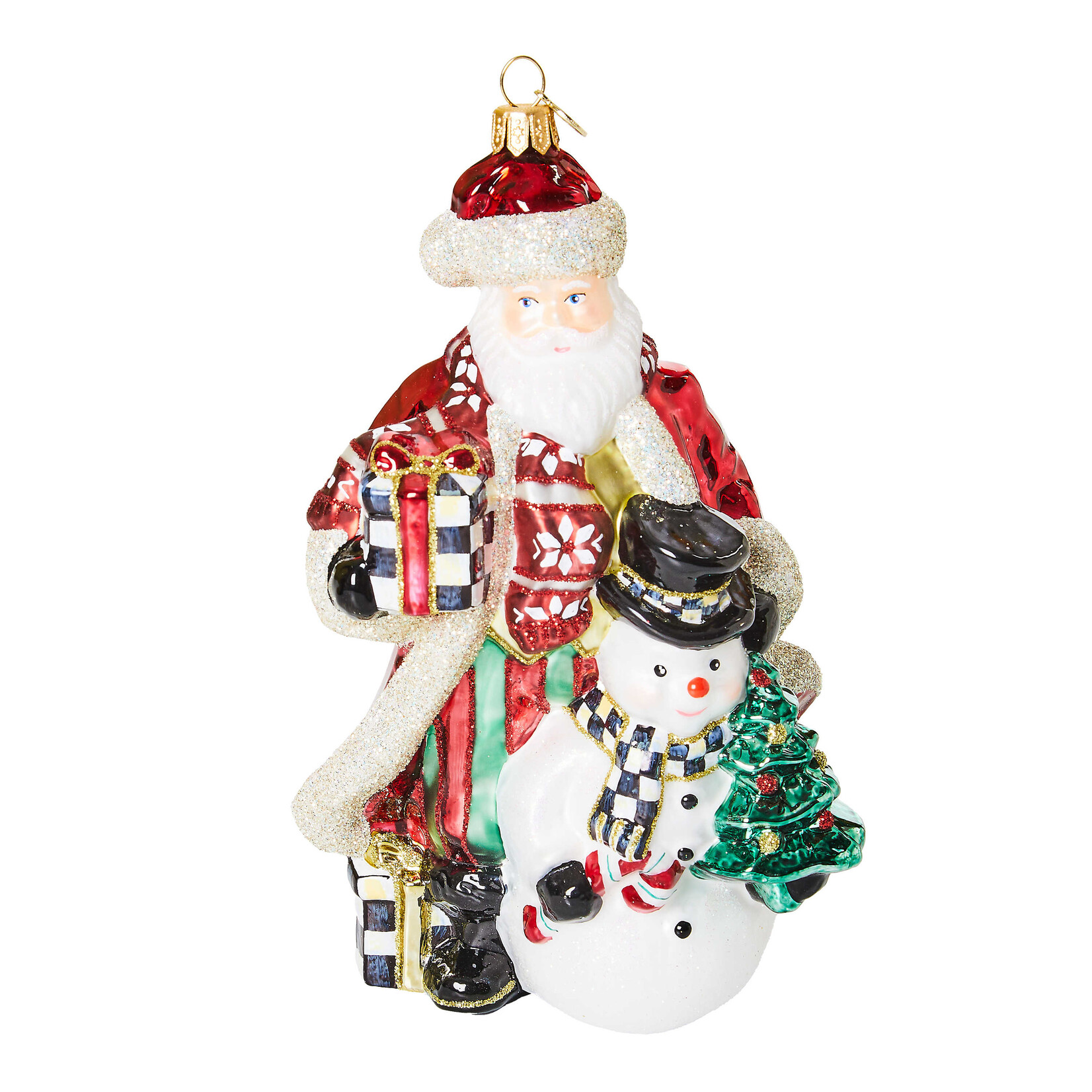 MacKenzie-Childs Cozy Christmas Santa and Snowman Glass Ornament