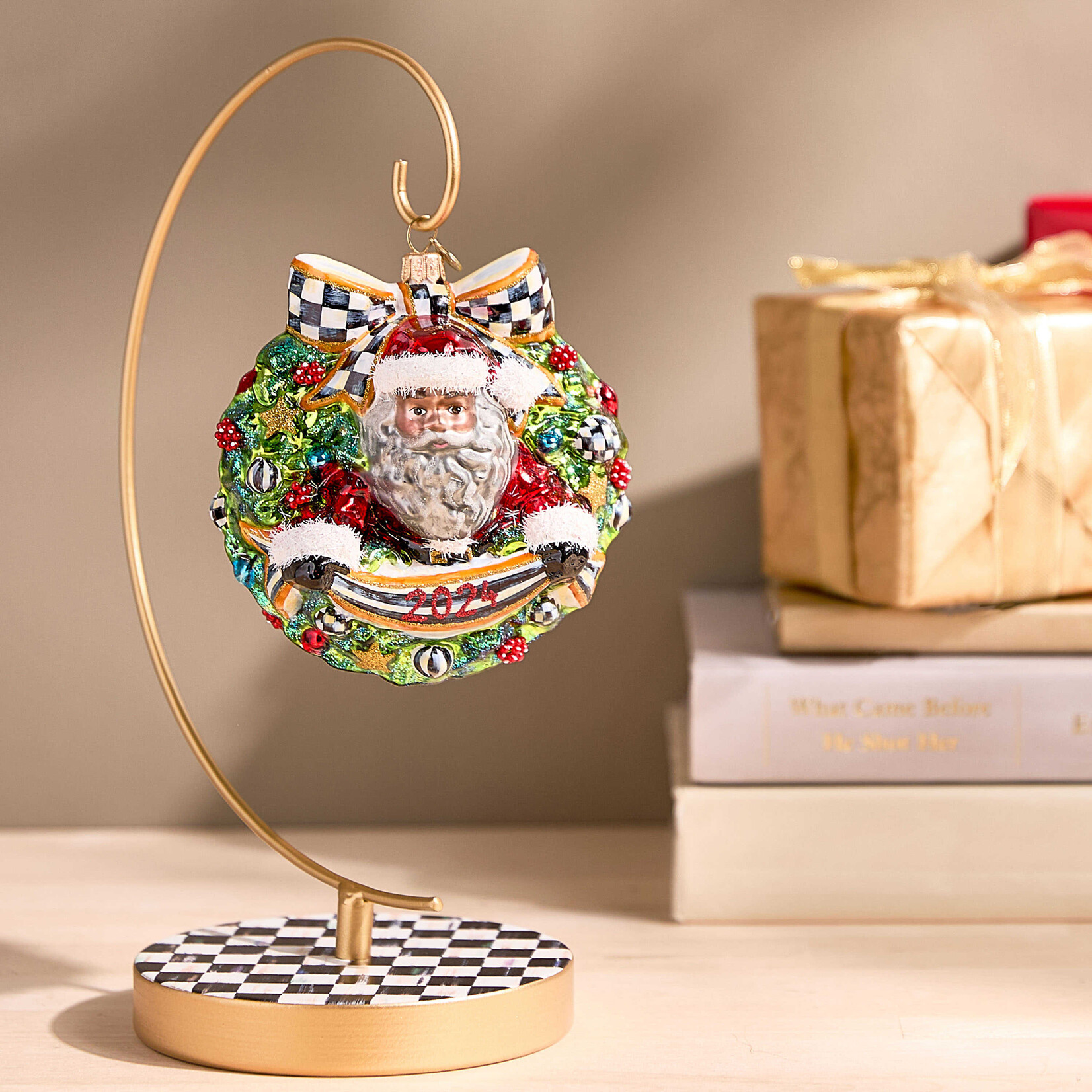 MacKenzie-Childs 2024 Santa Wreath Glass Ornament