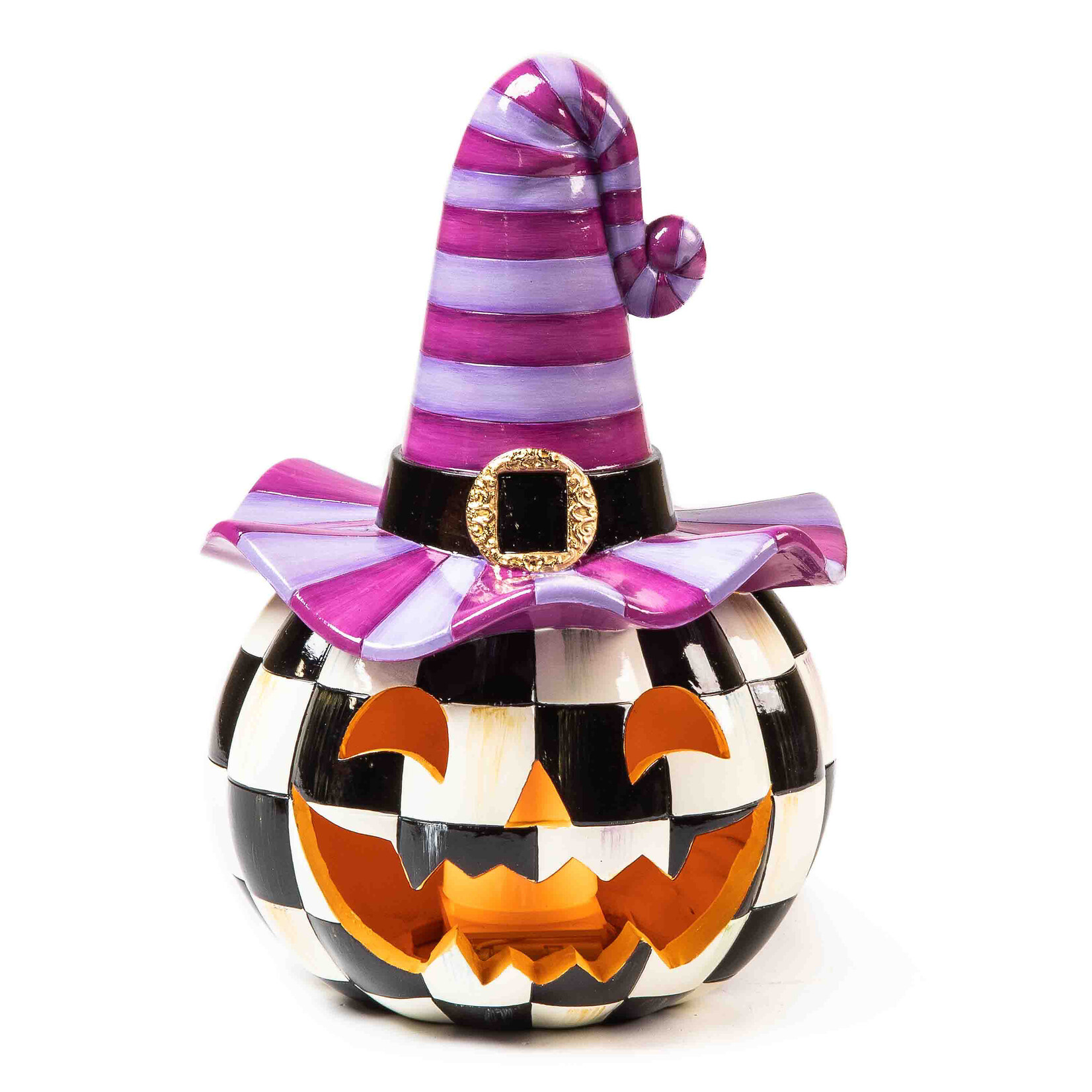 MacKenzie-Childs illuminated happy jack pumpkin with purple hat