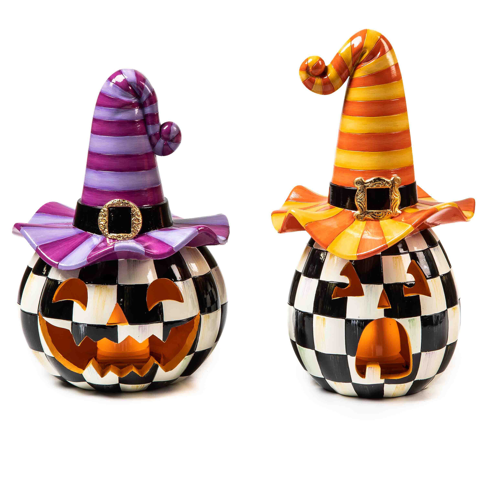 MacKenzie-Childs illuminated happy jack pumpkin with purple hat