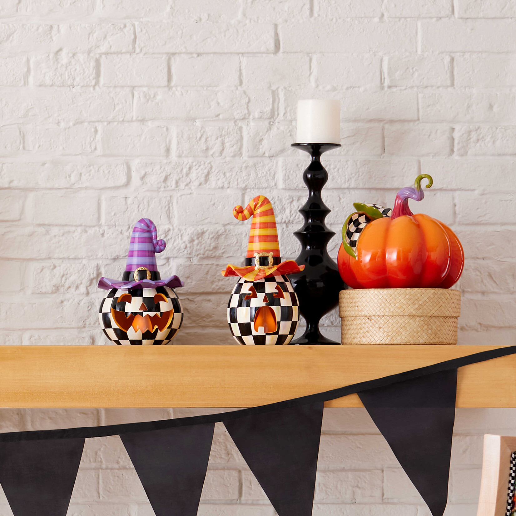 MacKenzie-Childs illuminated happy jack pumpkin with purple hat