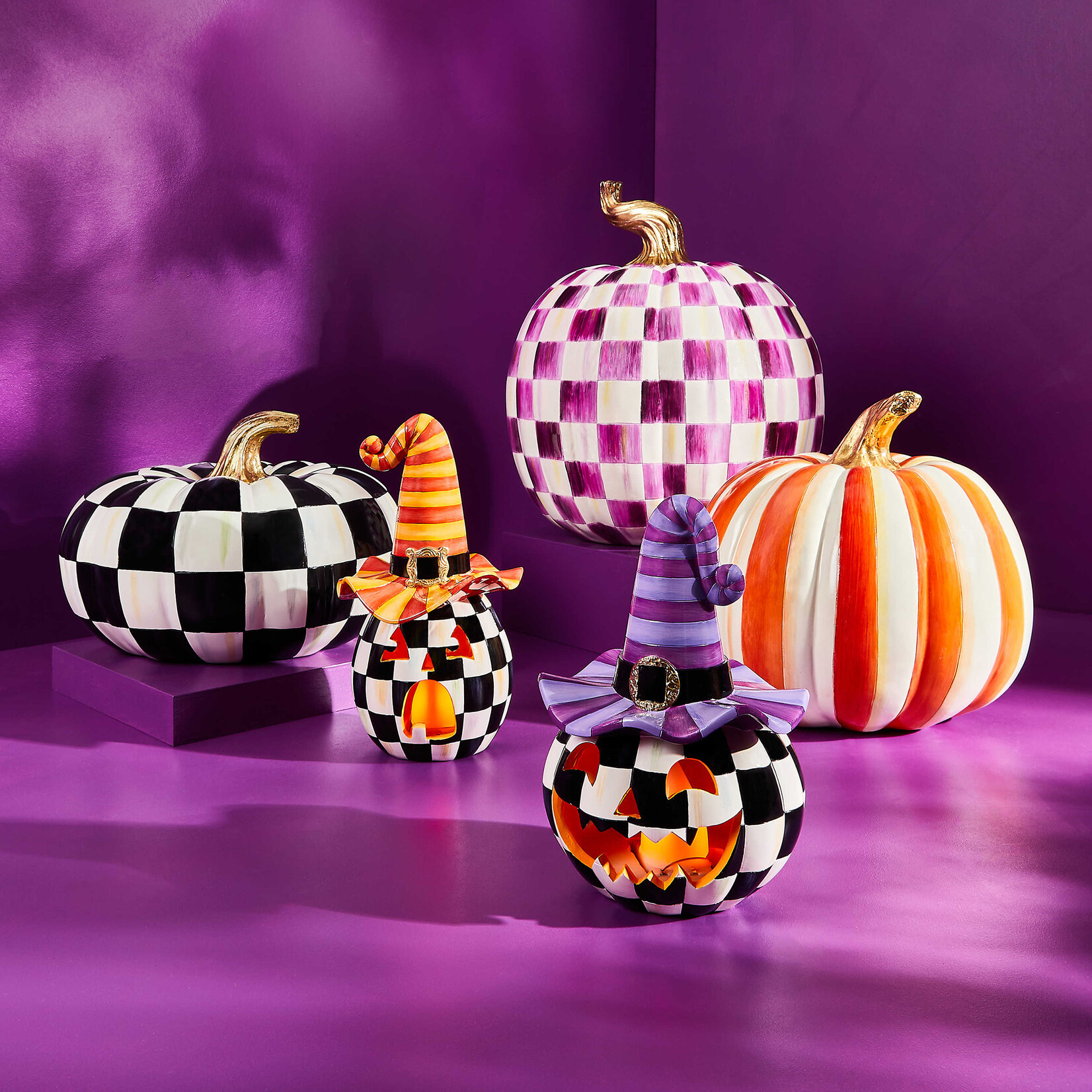 MacKenzie-Childs illuminated happy jack pumpkin with purple hat
