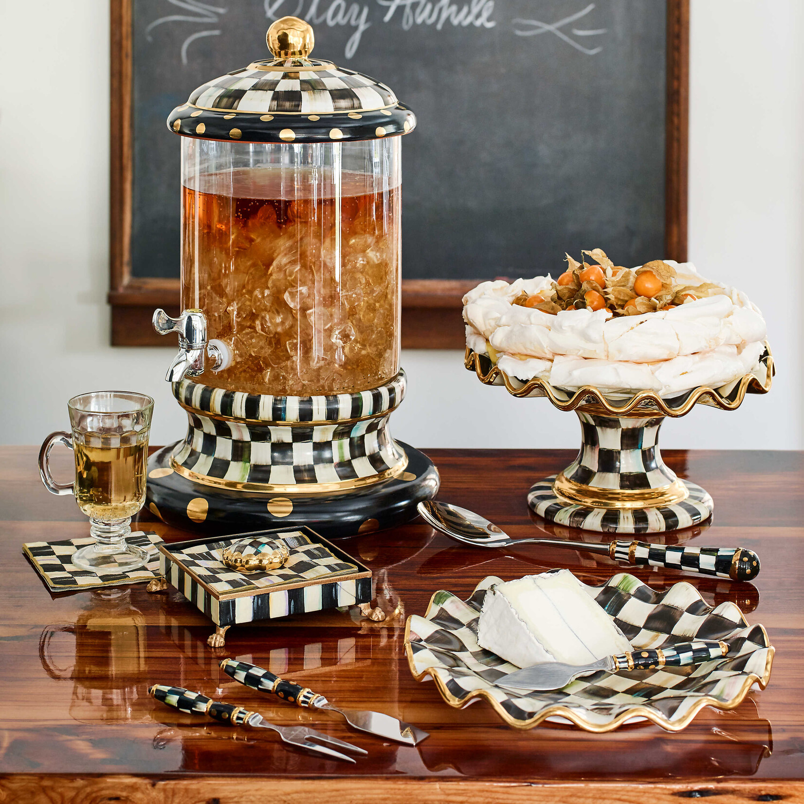 MacKenzie-Childs courtly check ceramic fluted cake stand
