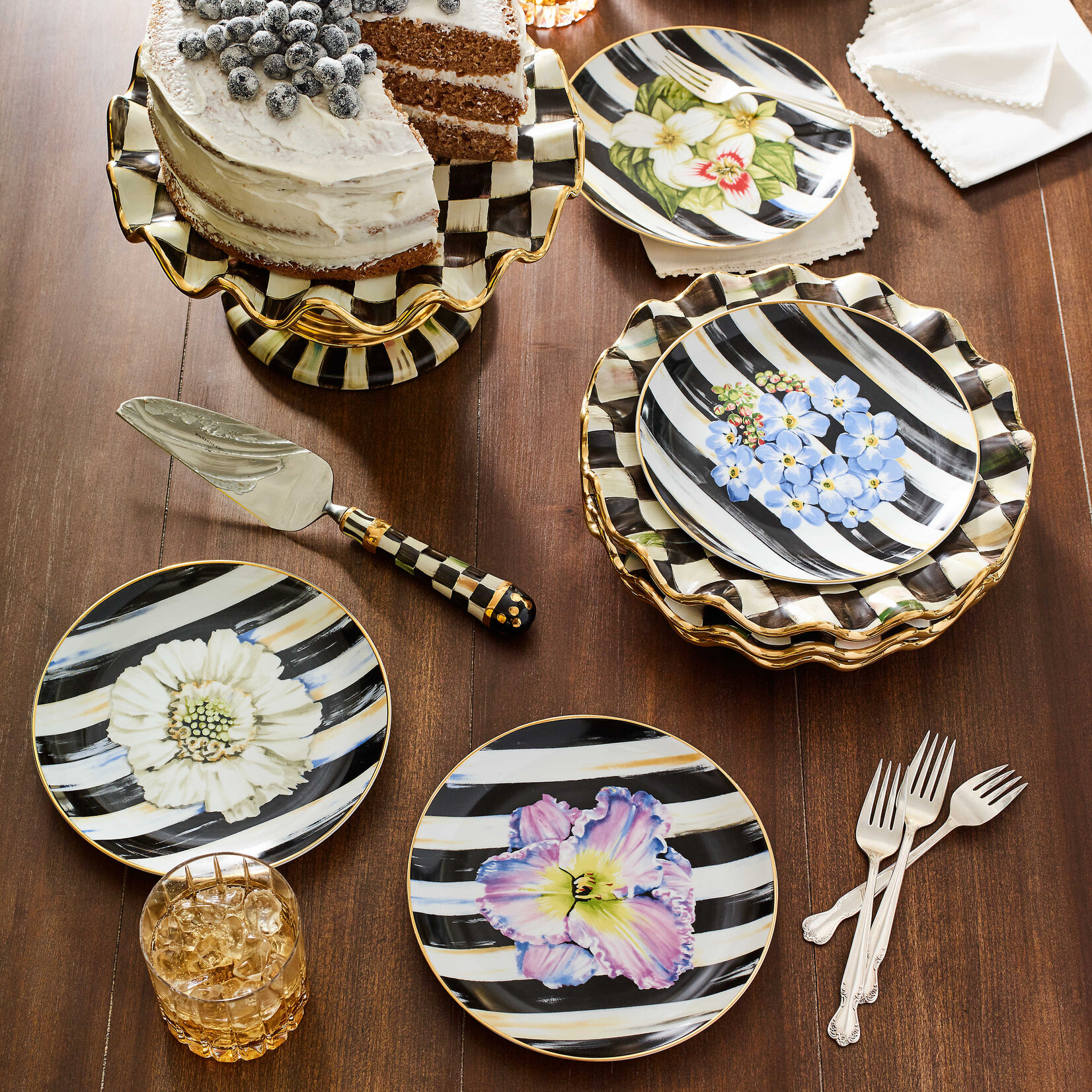 MacKenzie-Childs courtly check ceramic fluted cake stand