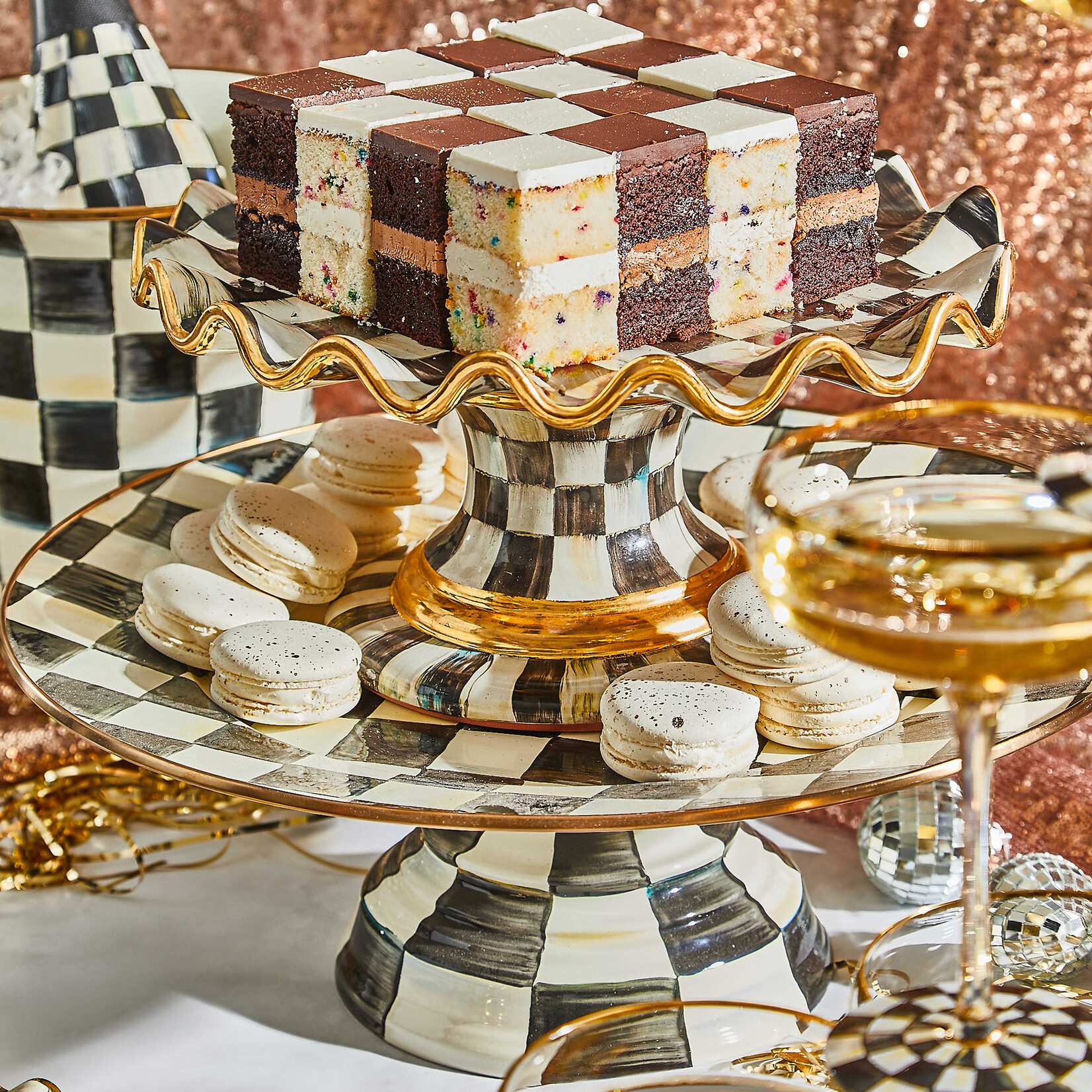 MacKenzie-Childs courtly check ceramic fluted cake stand