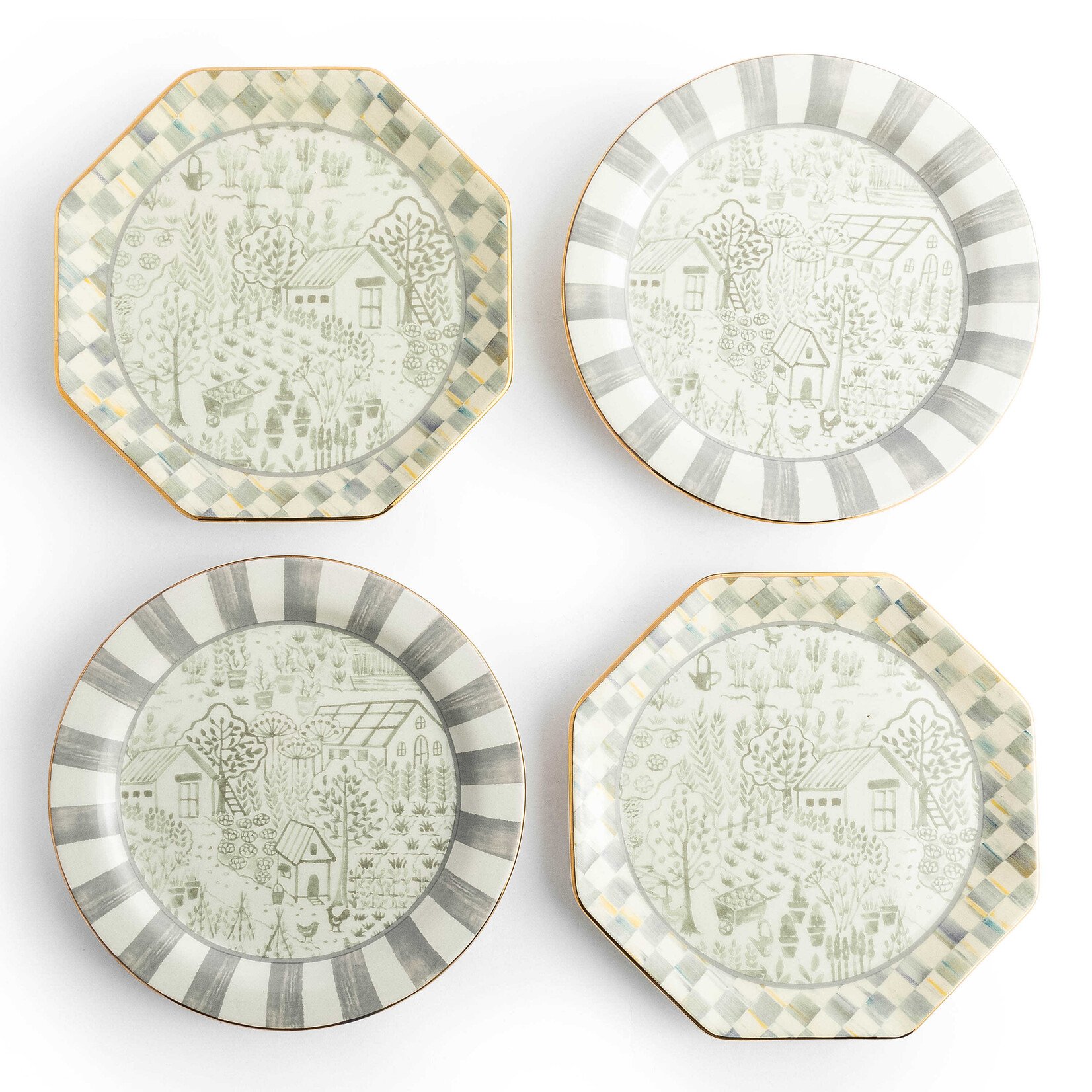 MacKenzie-Childs Sterling Cottage Dessert Plates, Set of 4