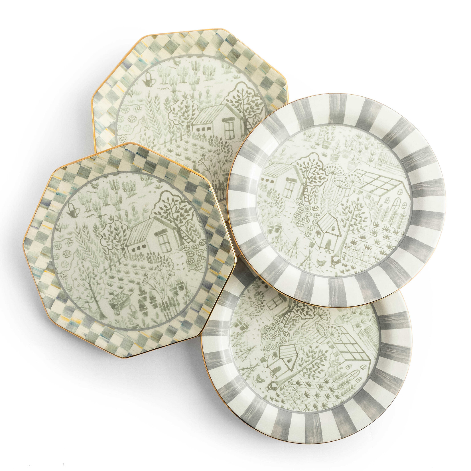 MacKenzie-Childs Sterling Cottage Dessert Plates, Set of 4