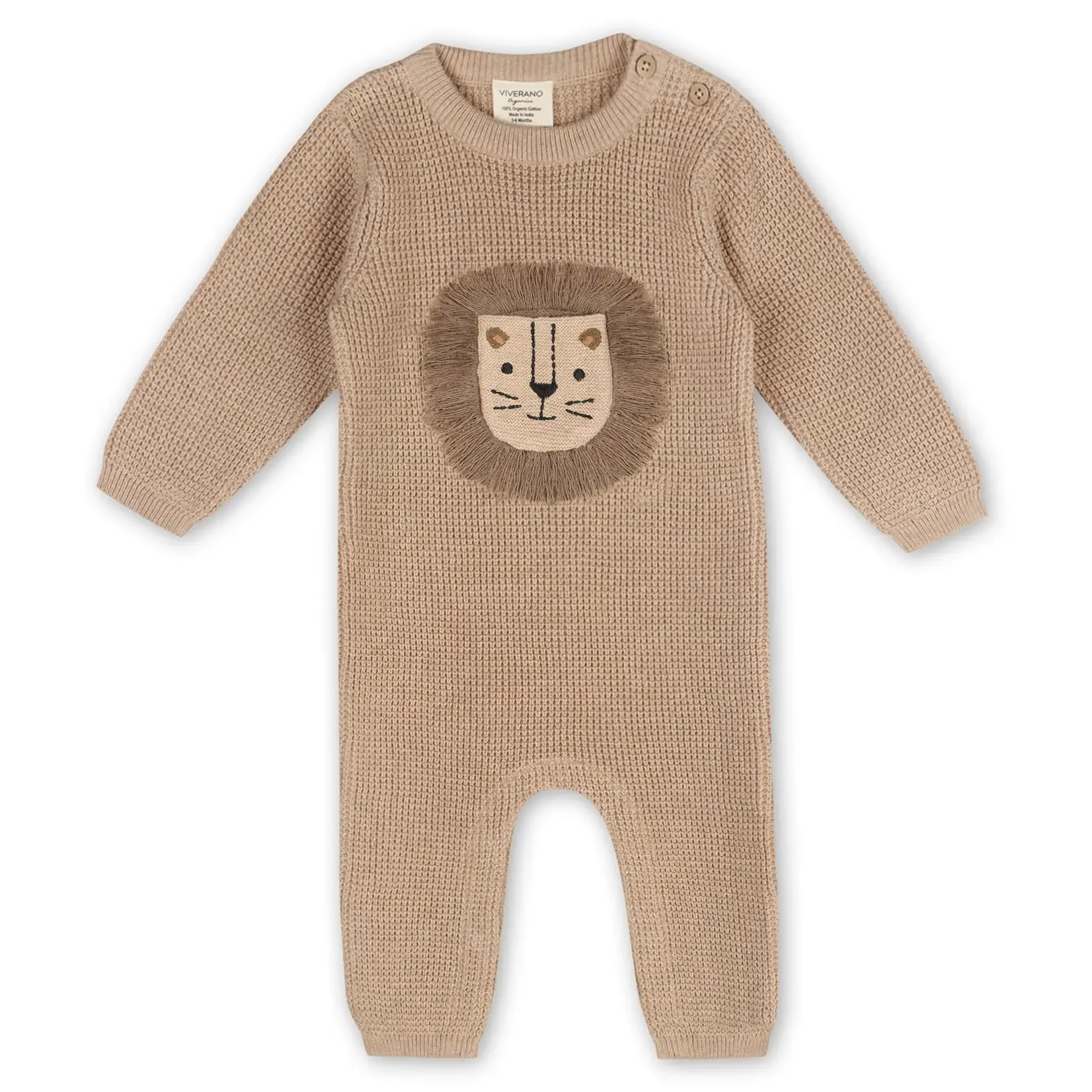 Viverano Organics Lion Applique Chunky Knit Baby Jumpsuit - Oat Heather