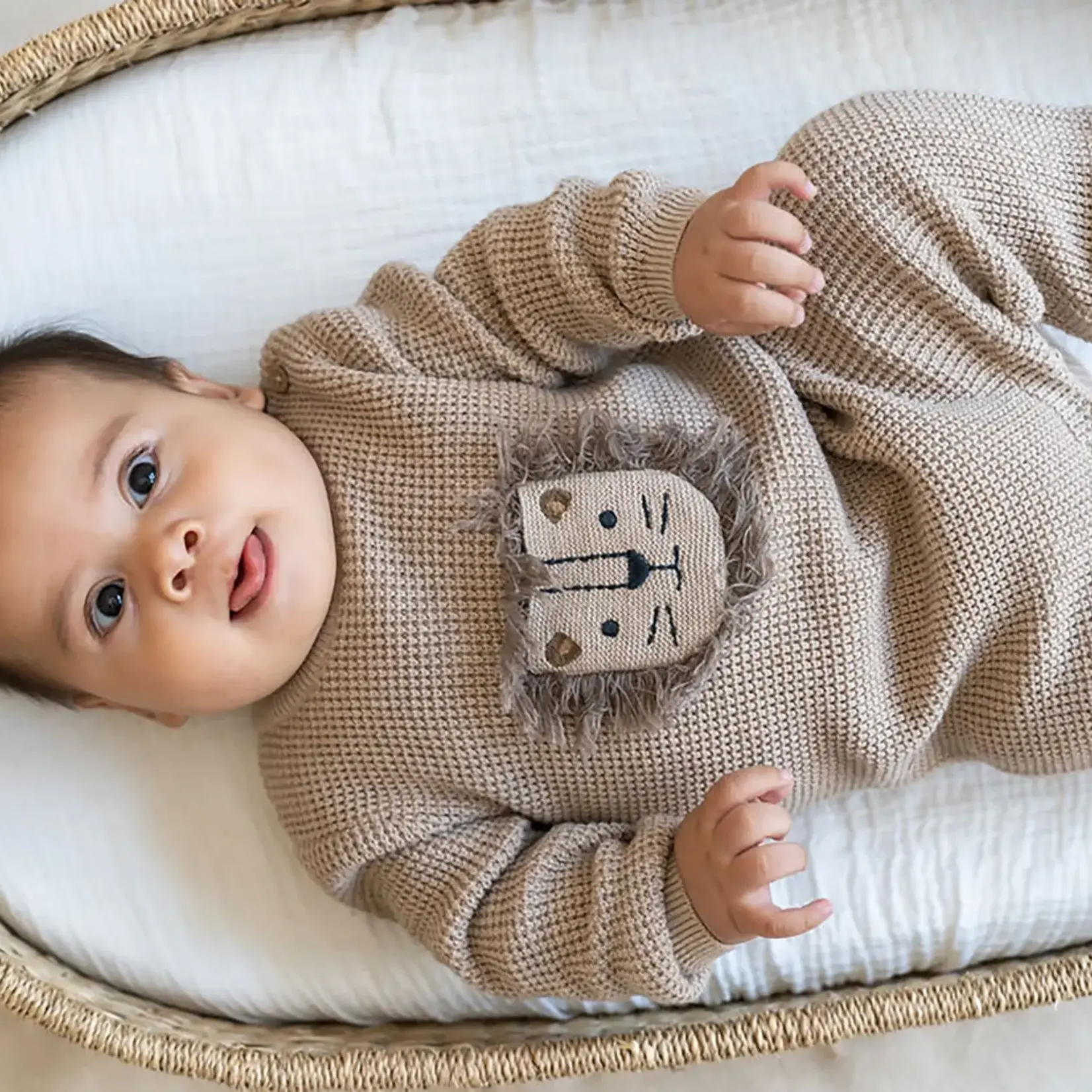 Viverano Organics Lion Applique Chunky Knit Baby Jumpsuit - Oat Heather
